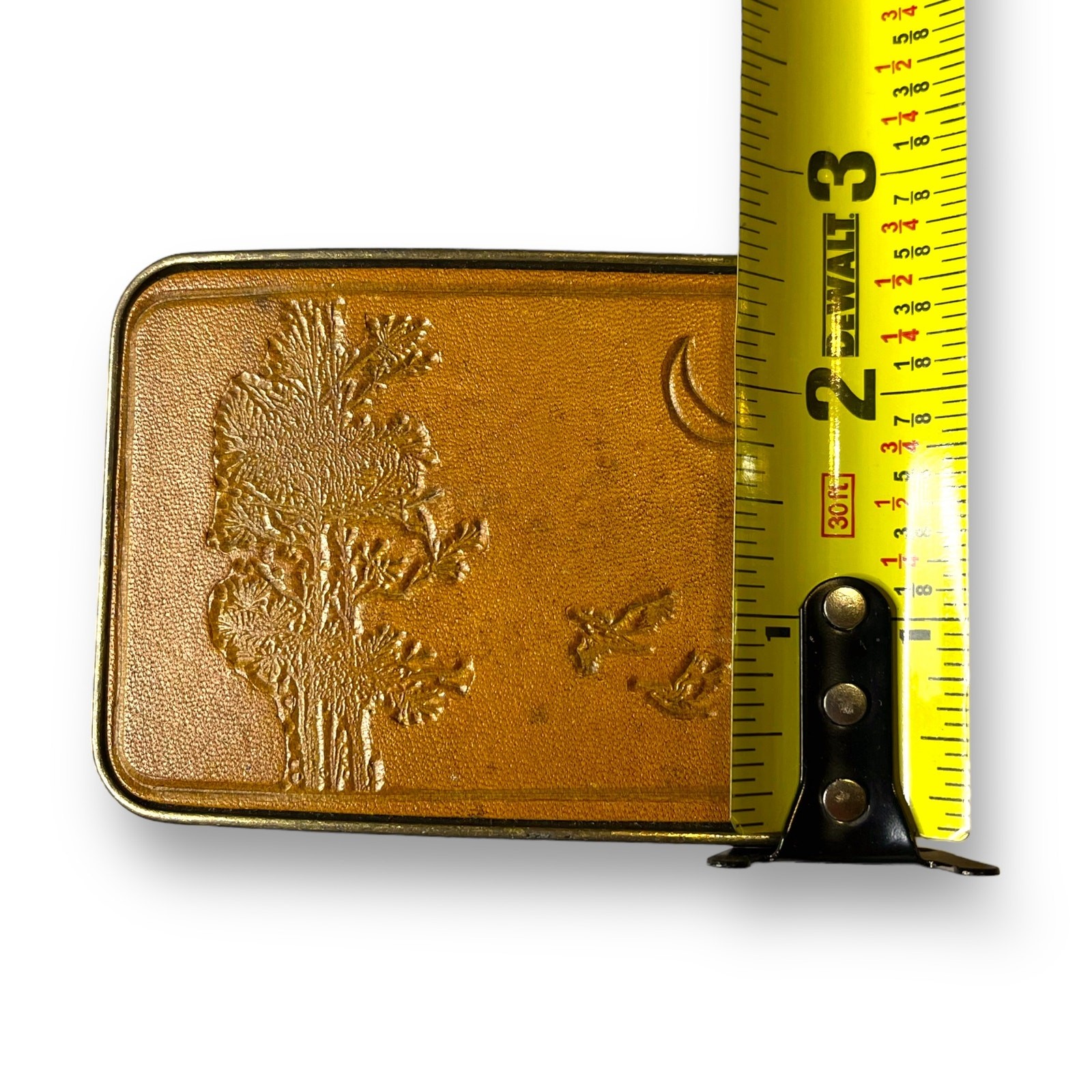VTG Western Tooled Brown Leather Brass Belt Buckle Unbranded Tree Moon Bird