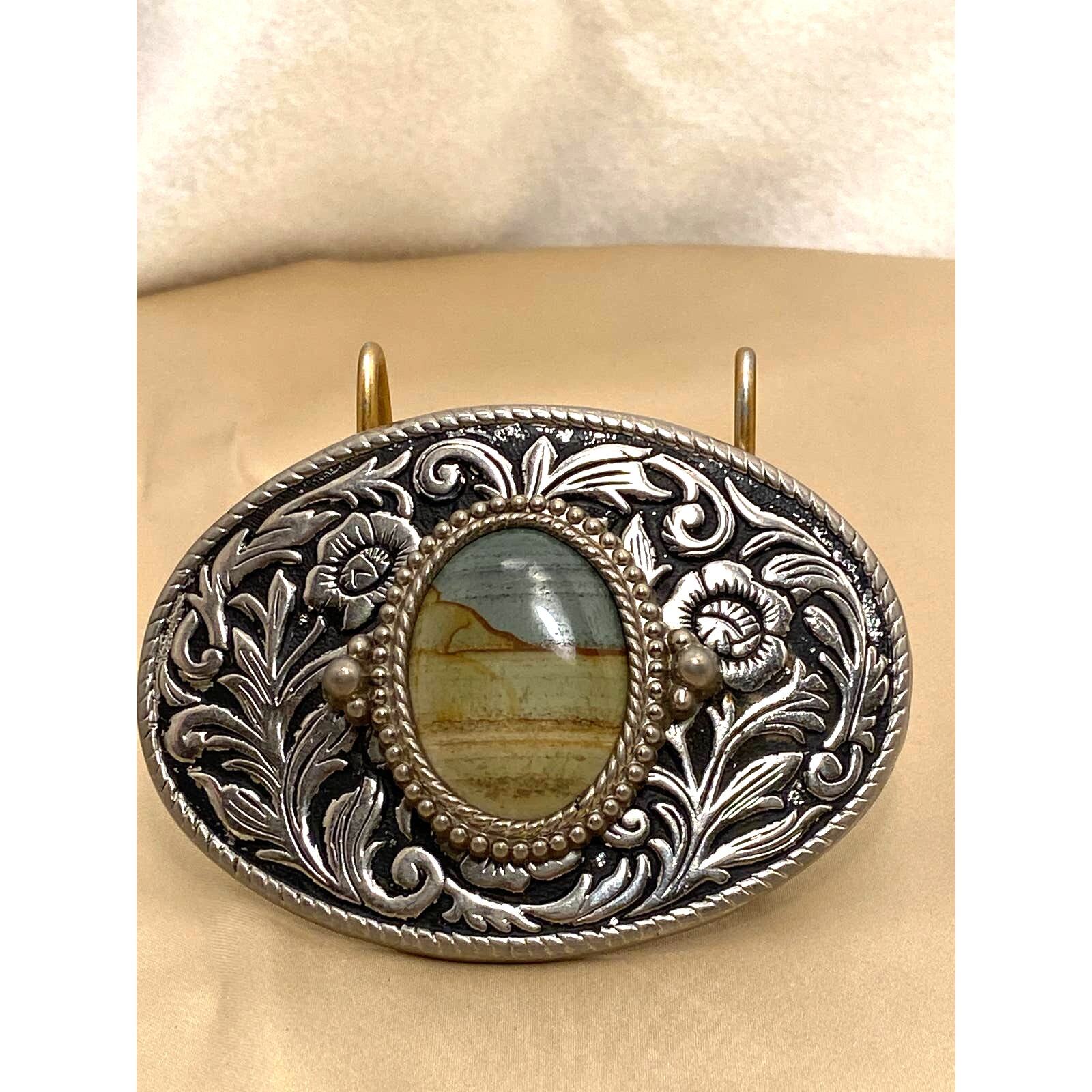 Vintage Silver Belt Buckle with Blue/Brown Natural Stone. Floral/Leaf Design
