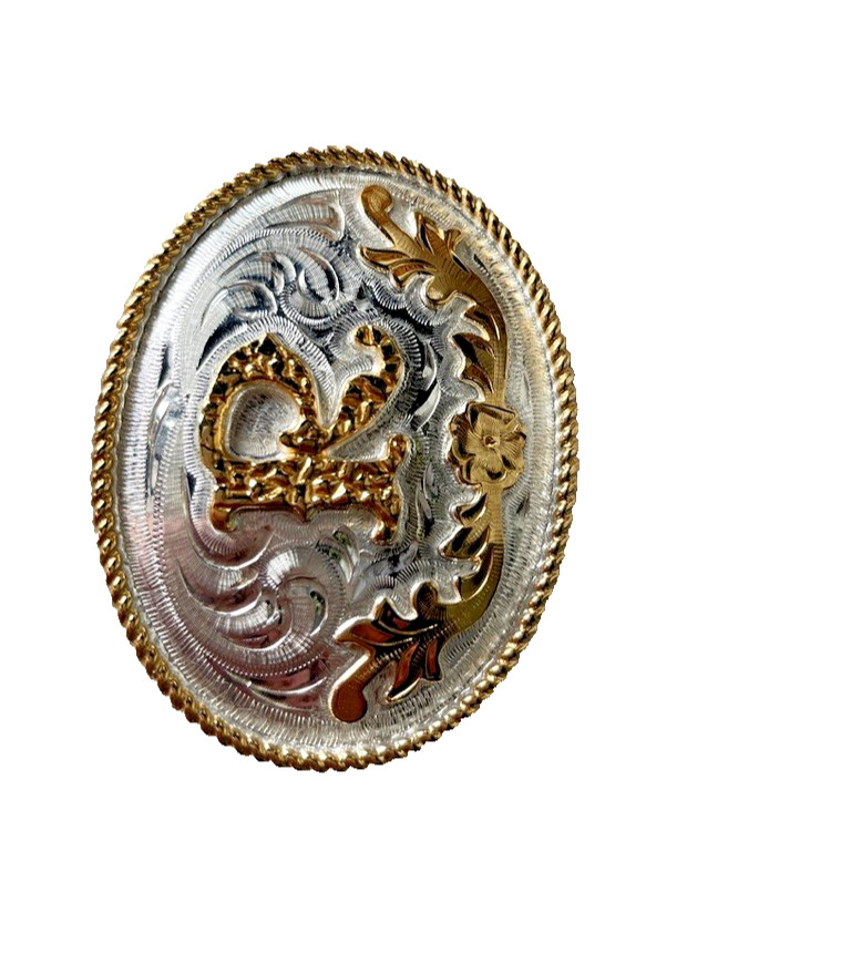 Western Initial Belt Buckle 3.5 x 2 5/8 in Oval R Silver Engraved Gold 1.75
