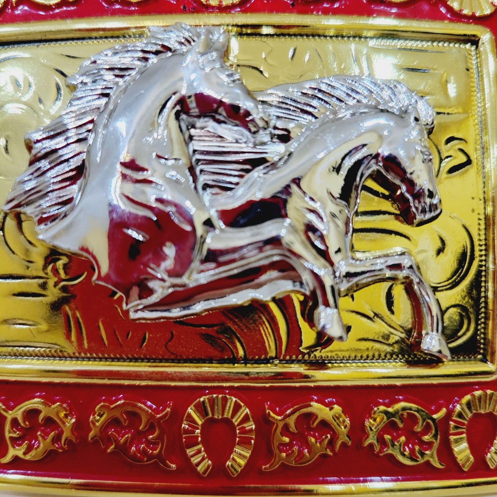 Running Horses Western Buckle Sturdy Thick Square Gold and Red Zinc Alloy