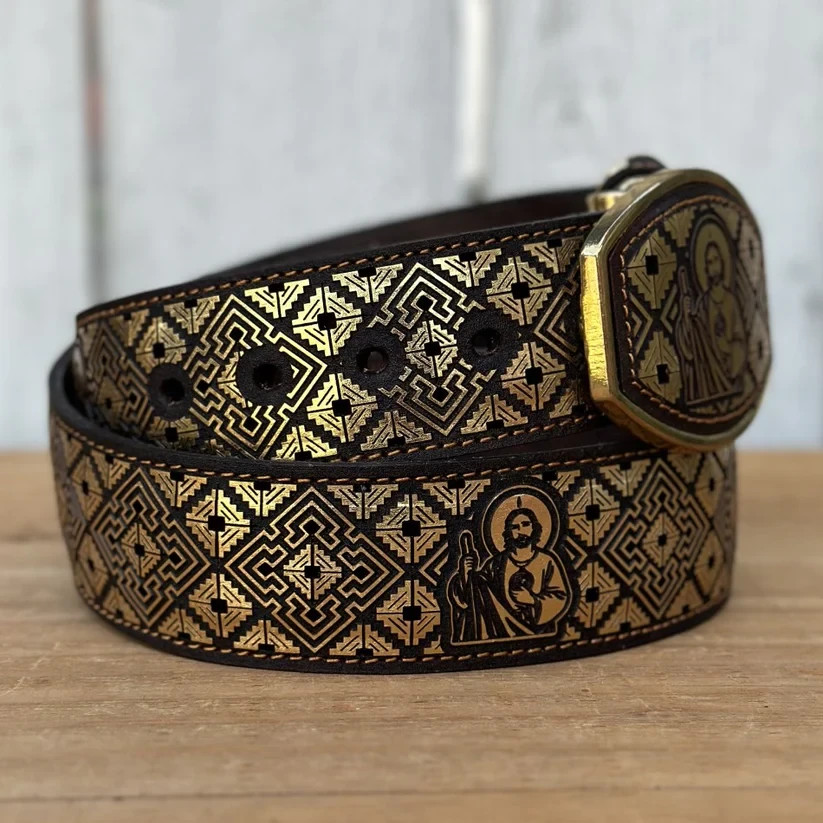Genuine Laser Cut Leather San Judas Western Belt with Removable Buckle – Gold