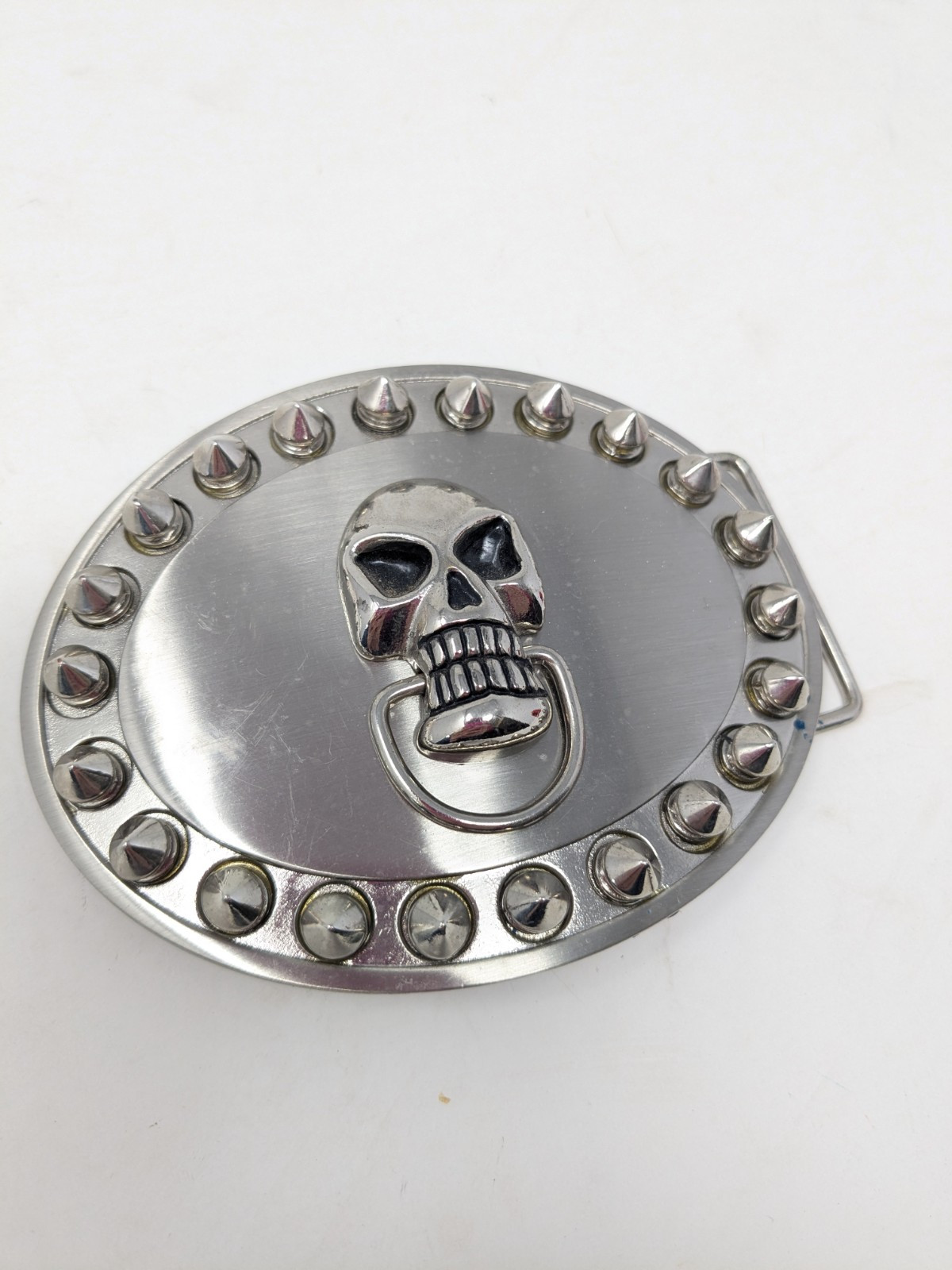 Silver Tone Oval Skull Belt Buckle With Spikes 1.5&Prime; Loop, 3.5&Prime; x 4&Prime; Goth, Biker