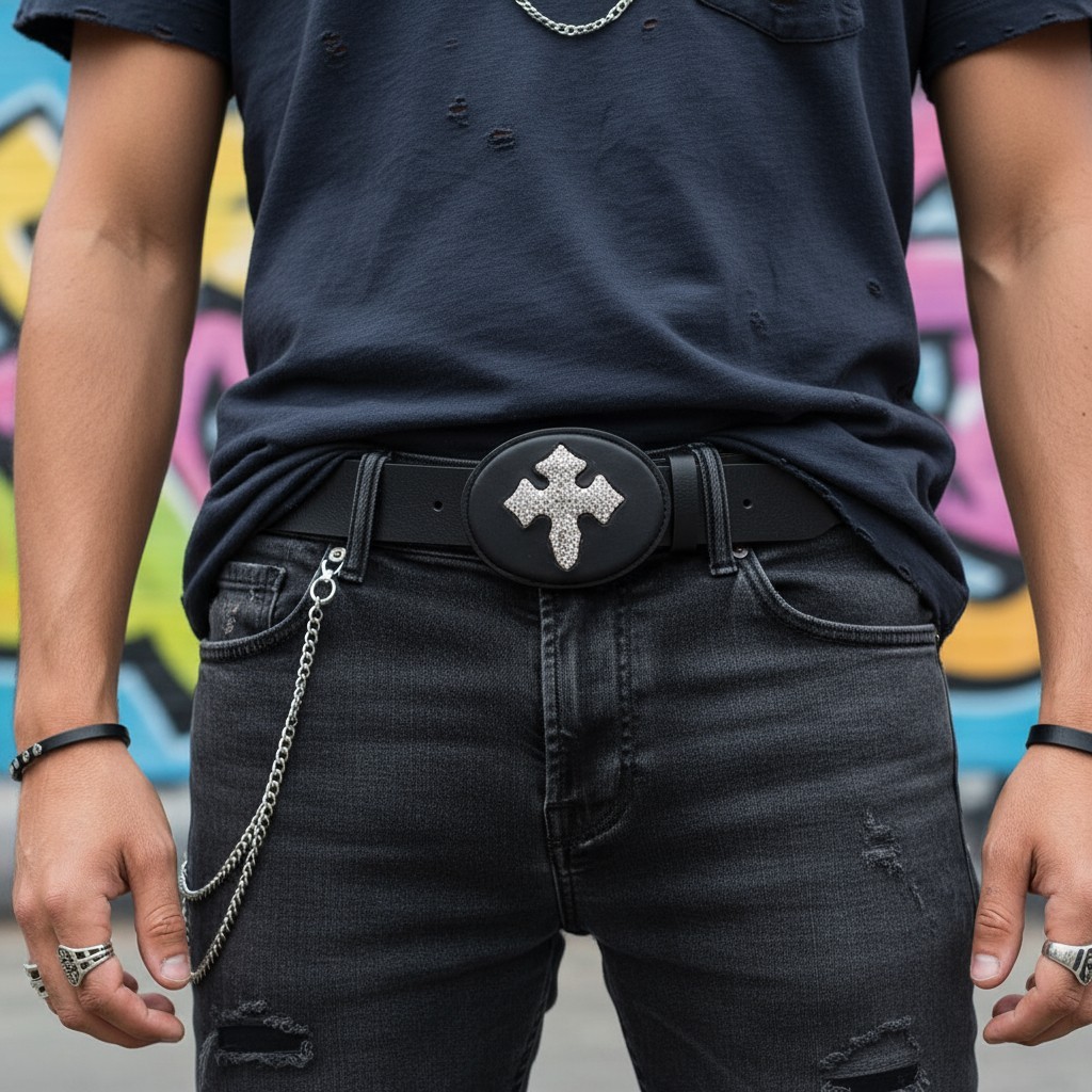 Men Women Fashion Black Oval Belt Buckle Silver Metal Bling Cross Religious Look