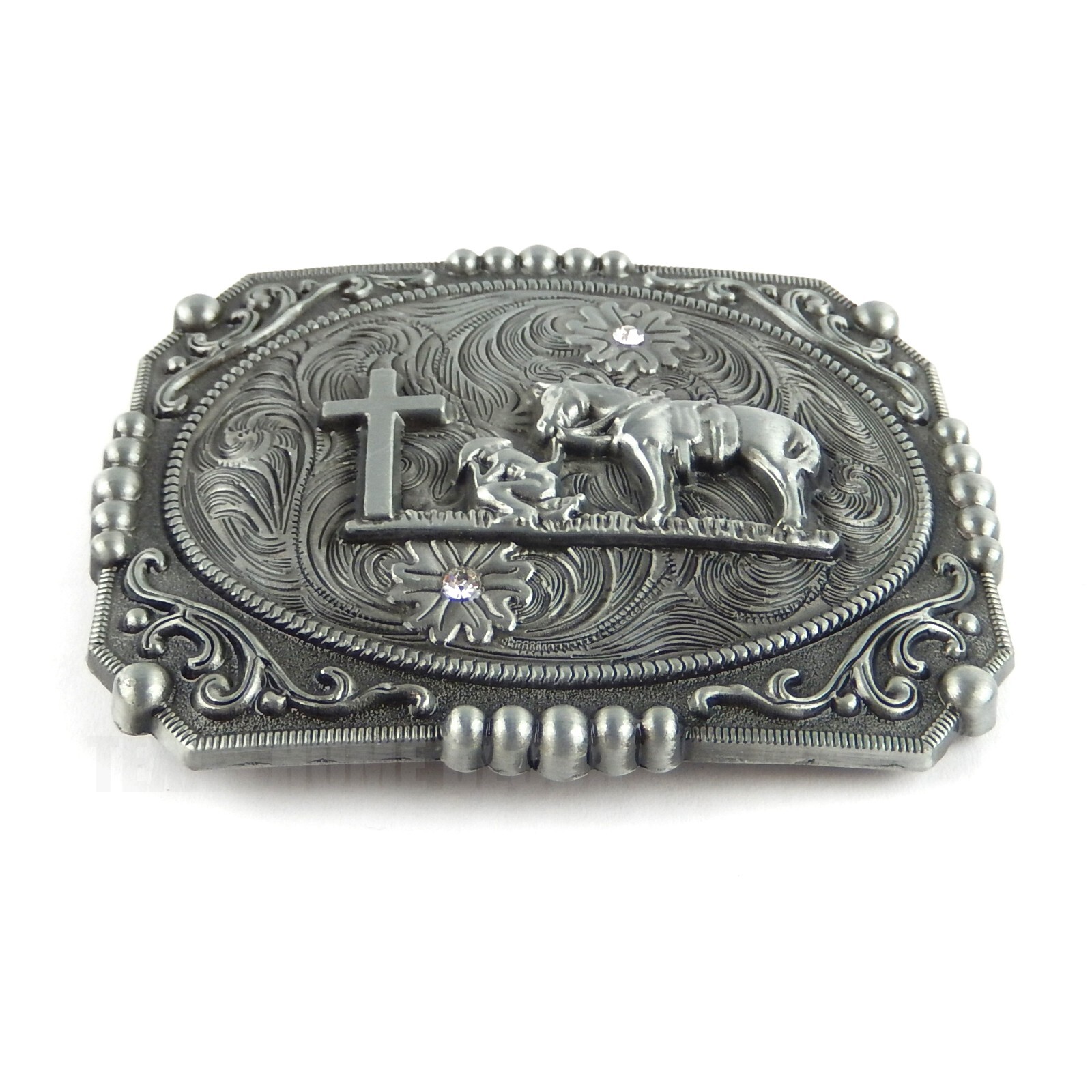 Western Floral Belt Buckle Praying Cowboy Kneeling at Cross Antique Silver Tone