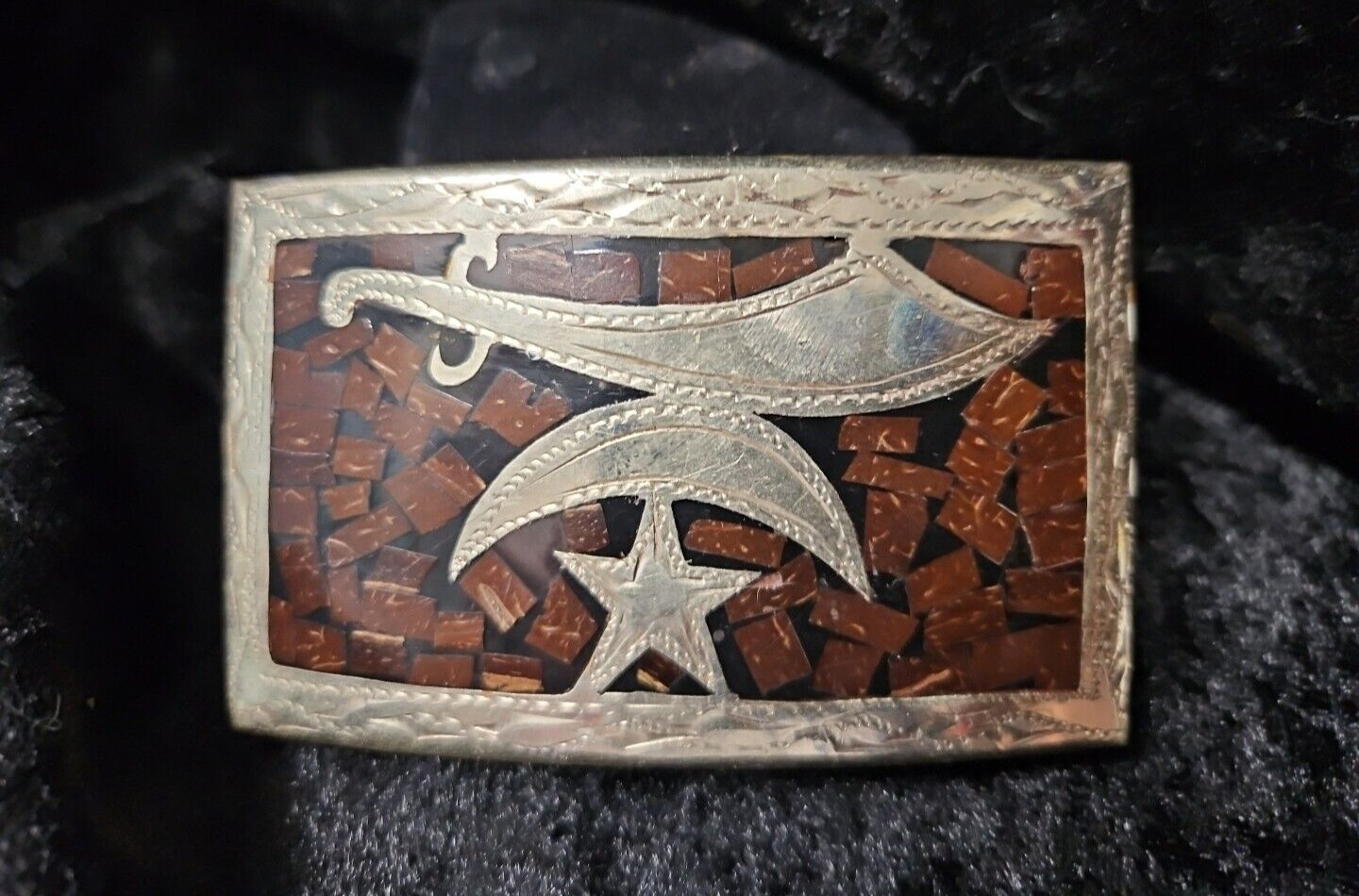 SHRINER Vintage Mexico SilverTone Brown/Black Inlay Star Sword Belt Buckle