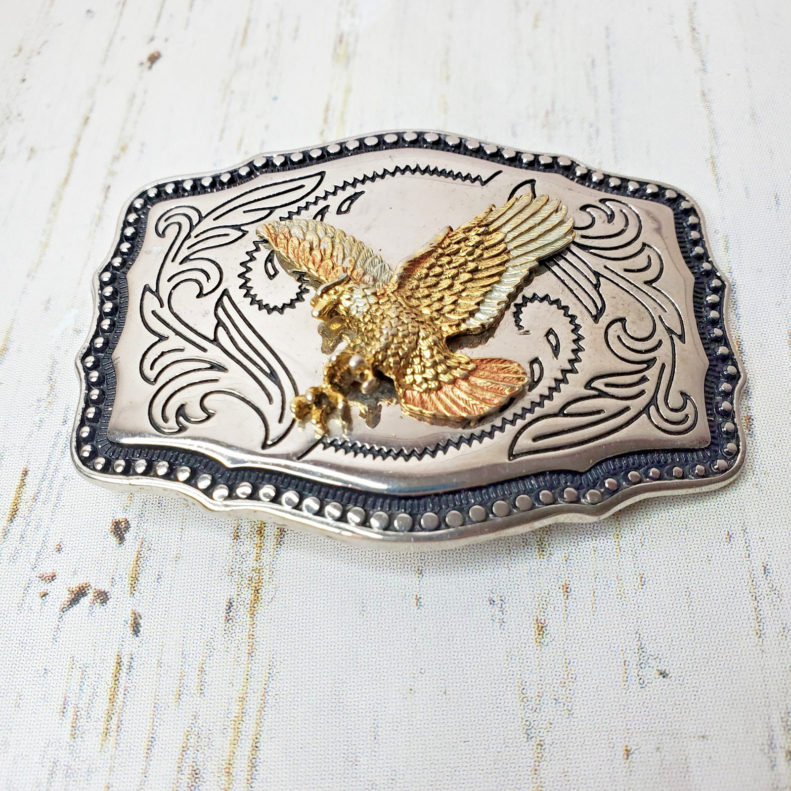 Vintage Western Eagle Belt Buckle Two Tone Silver Gold Cowboy Rodeo Scrollwork