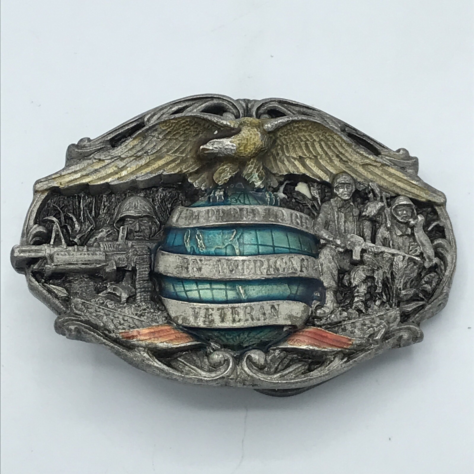 Vintage 1986 Proud to Be An American Veteran Belt Buckle Made in USA Bergamot