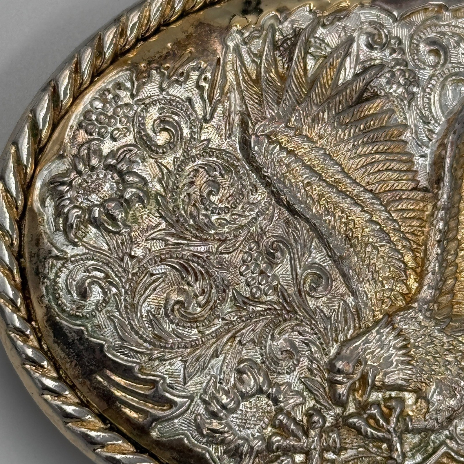 Ivan Western Eagle Belt Buckle Silver Gold Tone Floral Scrollwork Rope Border