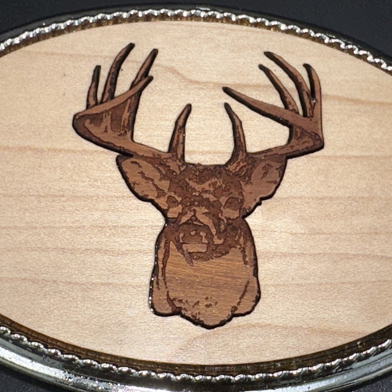 Buck Deer Belt Buckle Unbranded Two Tone Laser Cut Wood in Silver Tone Frame