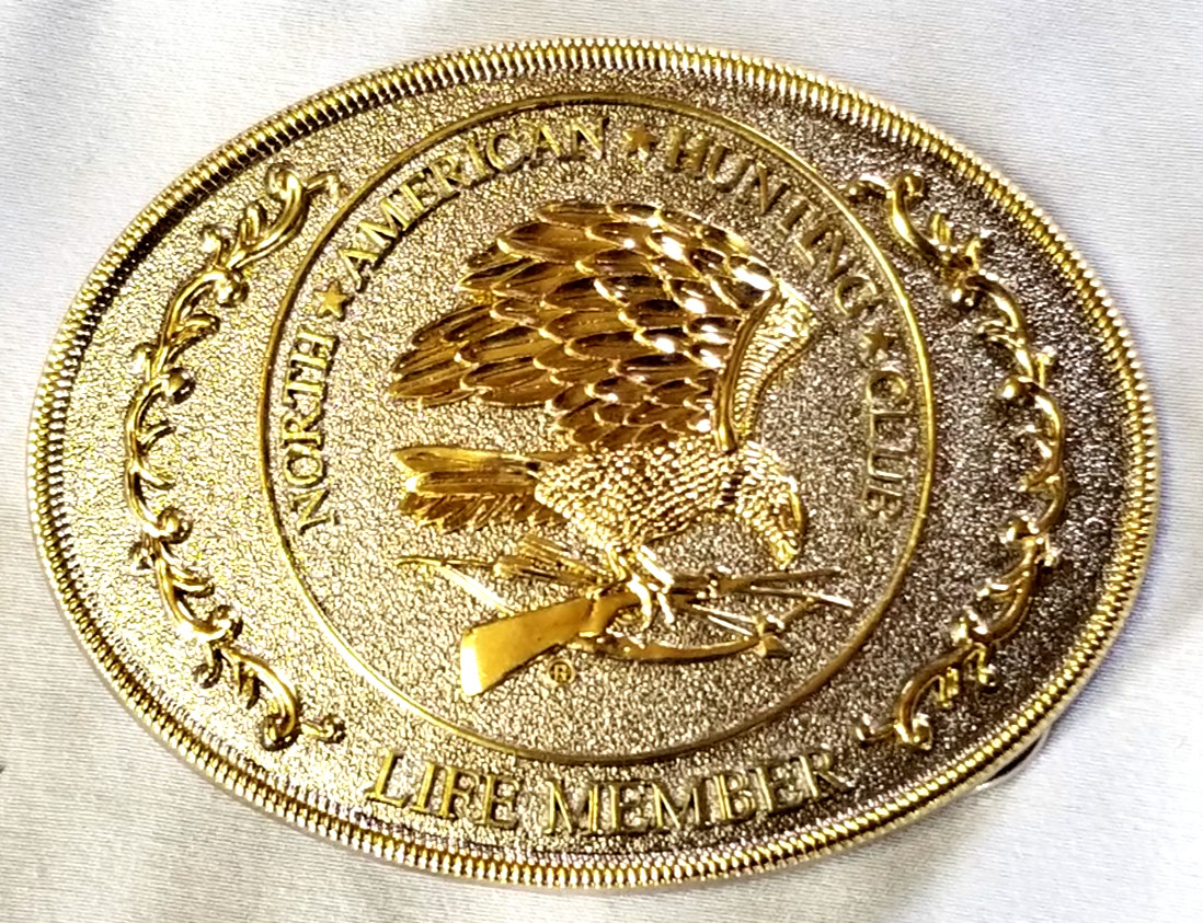 VTG North American Hunting Club Life Member Belt Buckle Gilt Ornate Eagle Oval