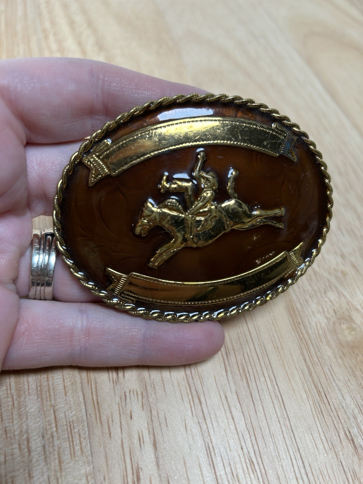 Vtg Western Belt Buckle Bucking Bronco Rodeo Steer Brown Enamel German Silver