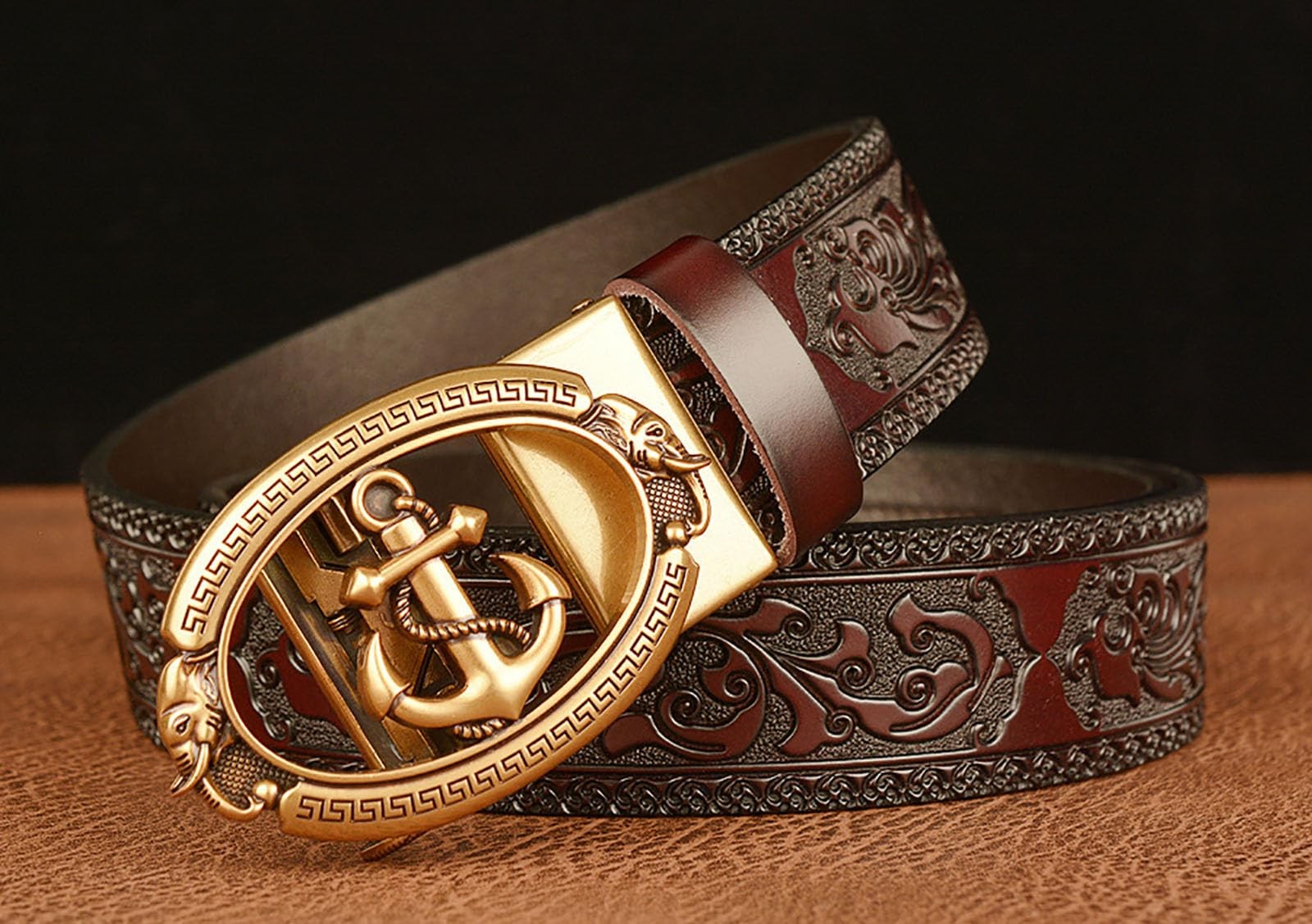 Lyqqine Men&rsquo;s Leather Ratchet Belt Ethnic 125cm, Grass Carving Anchor Brown