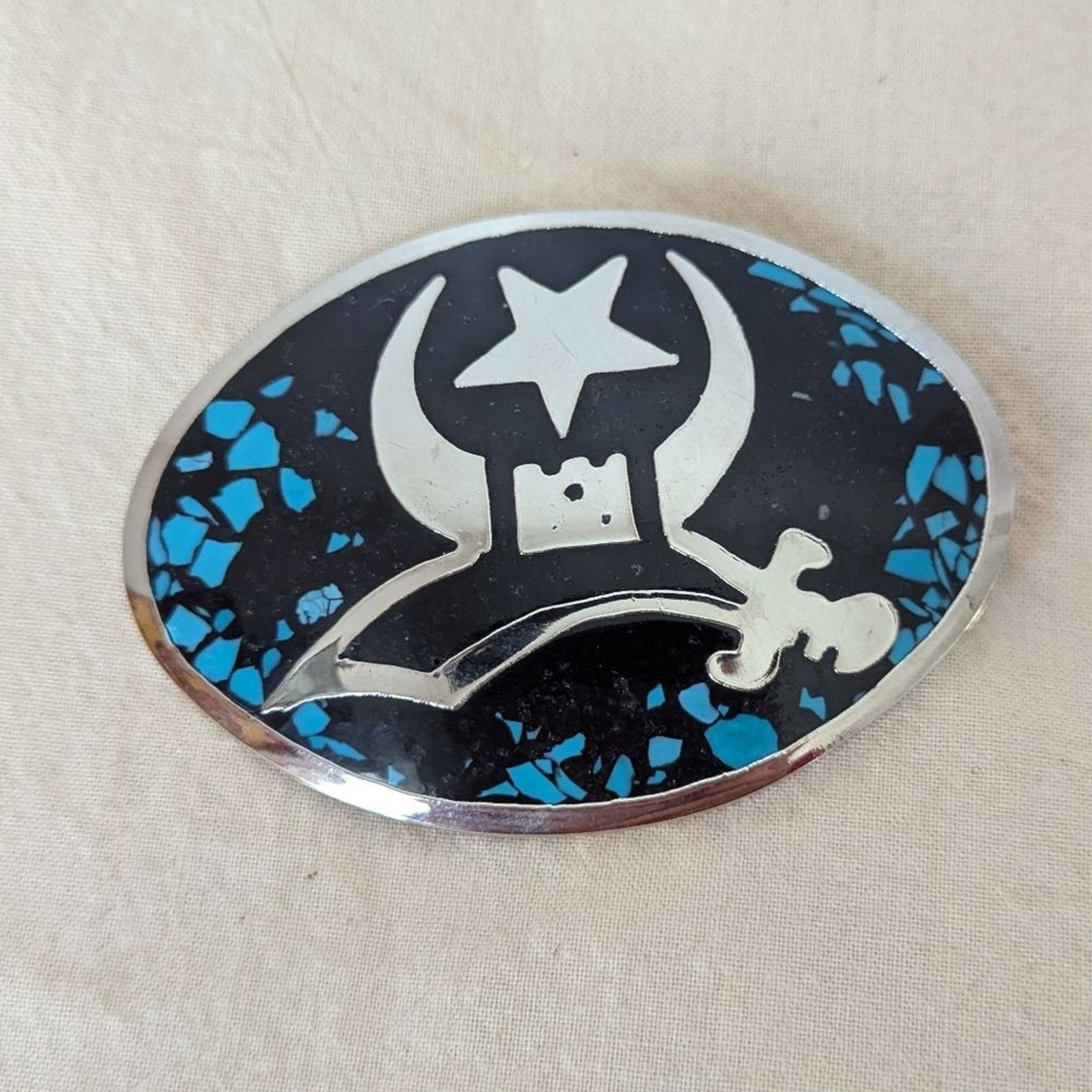 Vintage Black Silver and Blue Shriners Masonic Belt Buckle