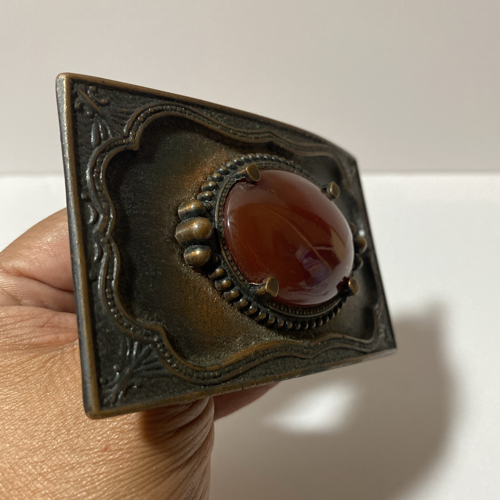 VTG Faux Gemstone Gold Stone Western Cowboy Buckle Copper Tone