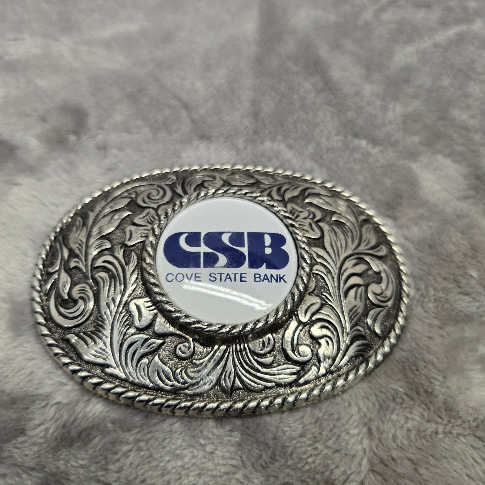 Cove State Bank CSB Belt Buckle Silver Tone Floral Western Scroll Oval Vintage