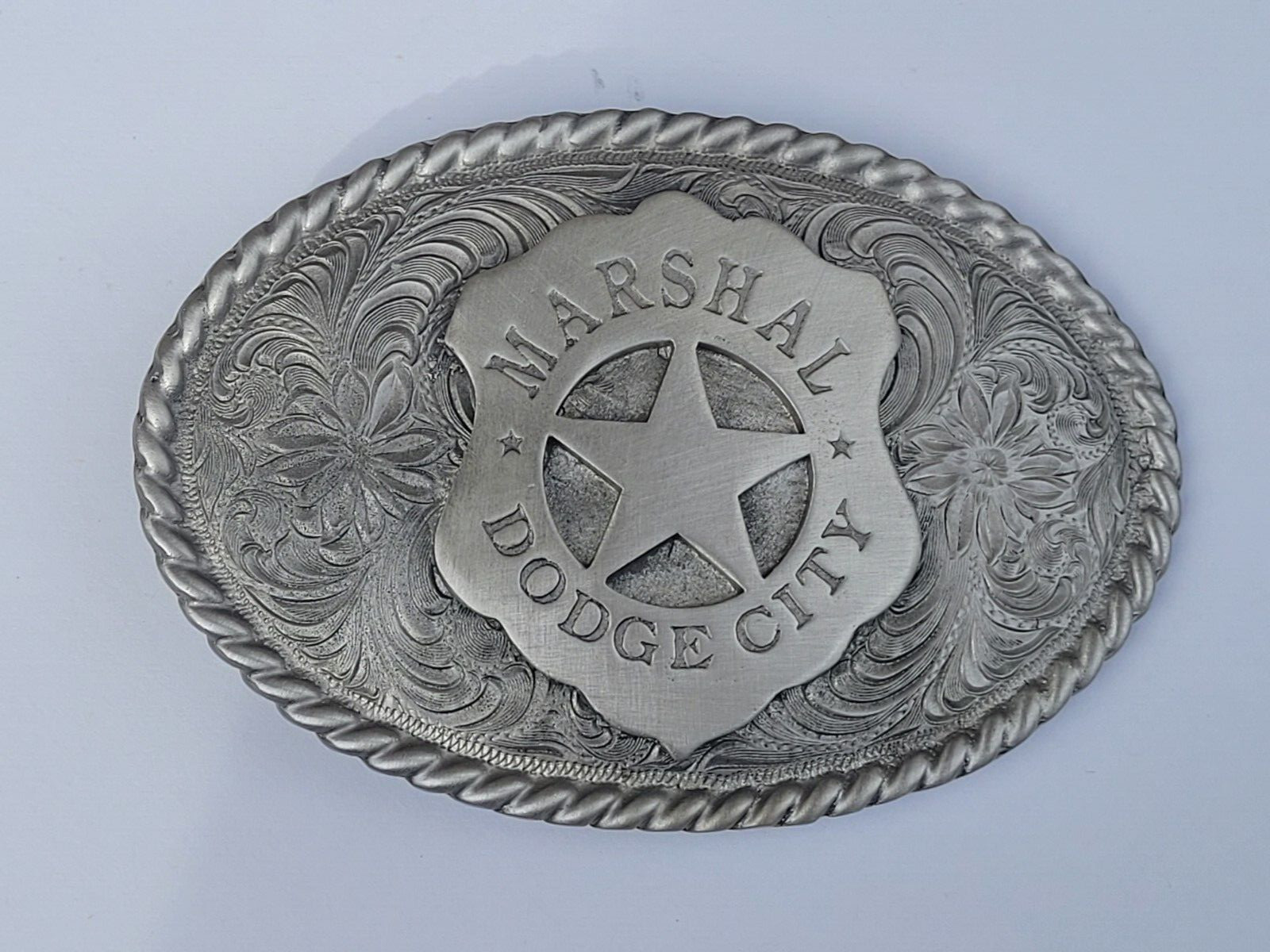 Pewter Old West Marshal Dodge City Badge Belt Buckle Silver Western Buckle