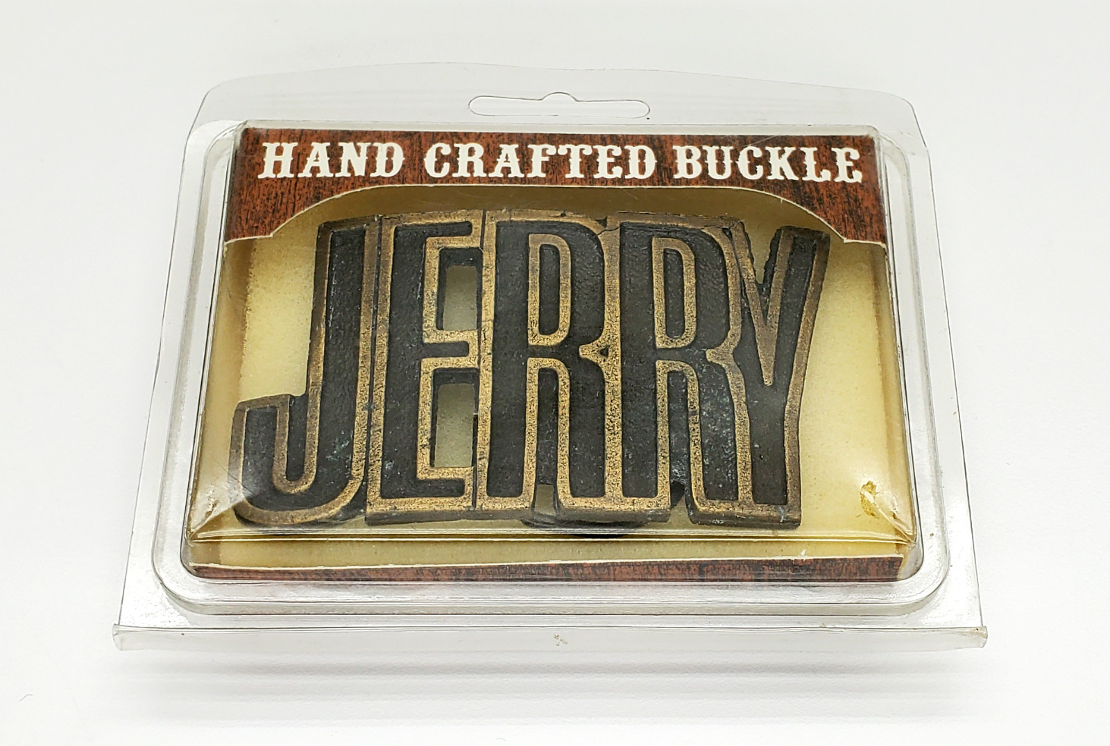 Vintage 1970&rsquo;s Brass Belt Buckle – JERRY – Cut Name – w/ Original Packaging