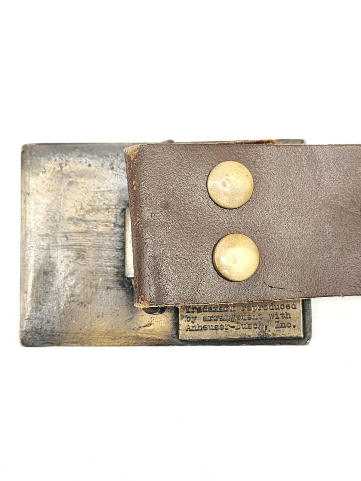 Vintage 1970s-era Budweiser Beer Brass Belt Buckle Anheuser-Busch + Leather Belt