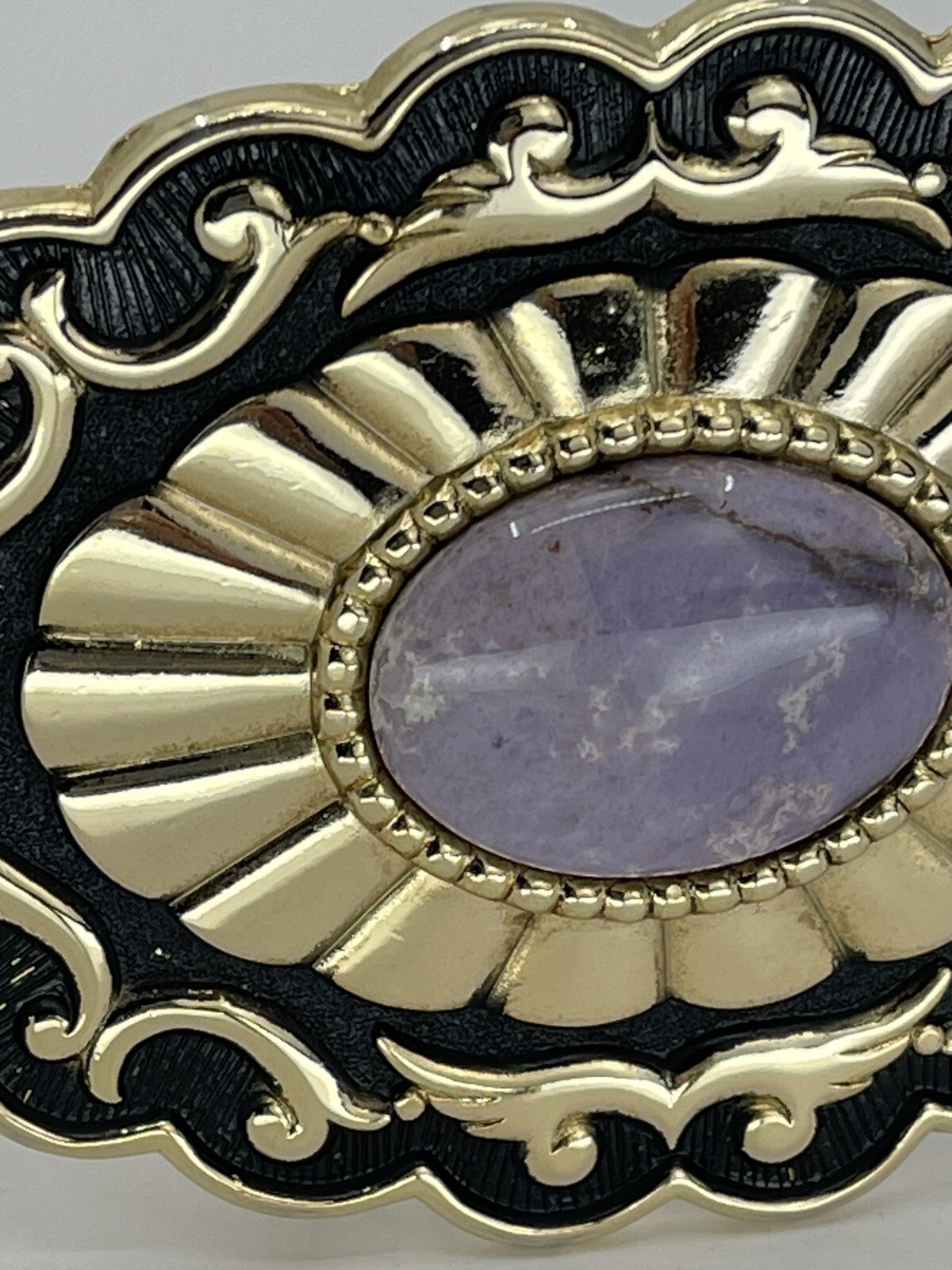 Belt Buckle Lavender Jade Cabochon oval gold tone black enamel background