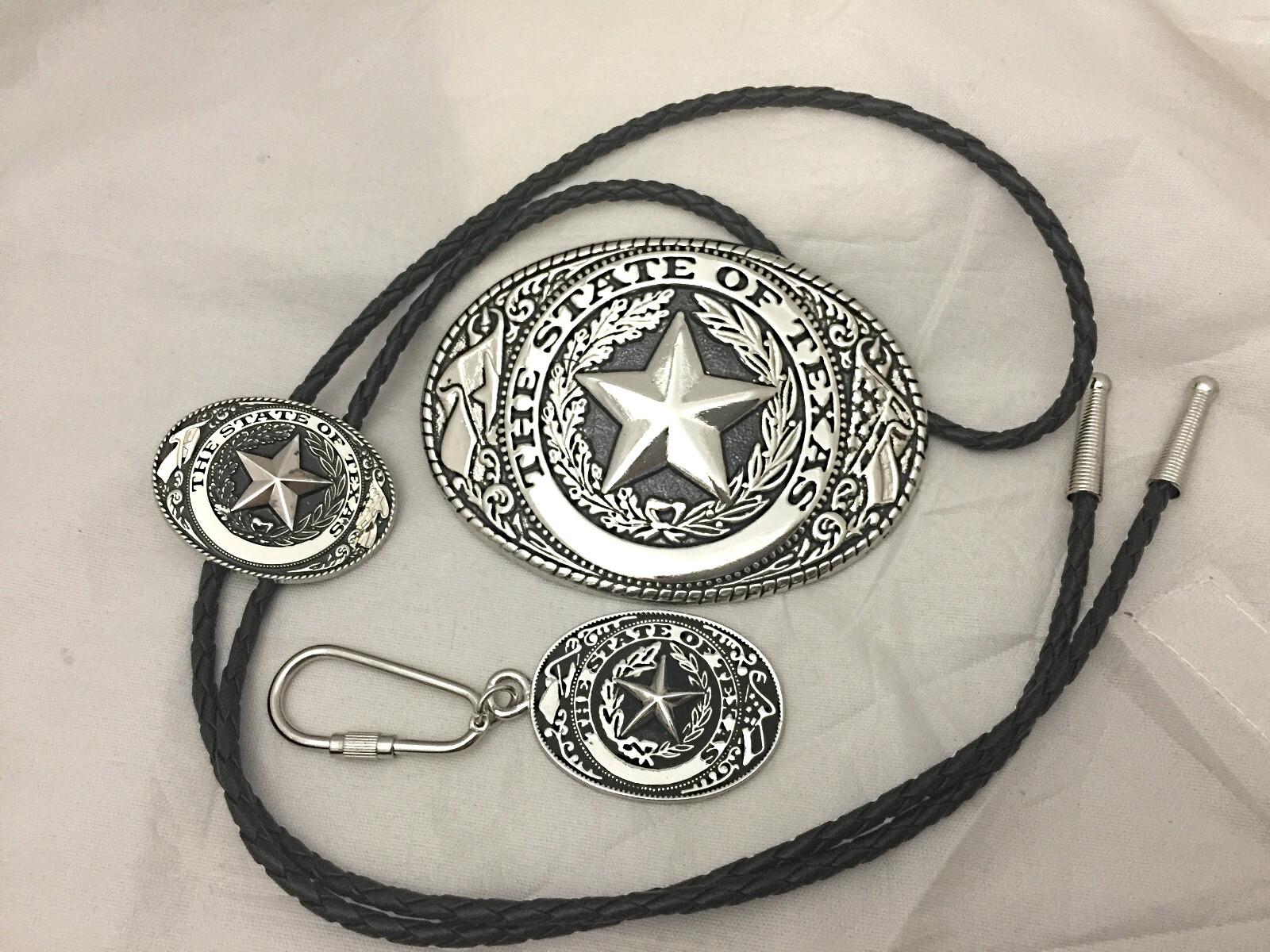 3 piece set Texas Seal Set: Belt Buckle, Bolo and Key Ring (Silver)