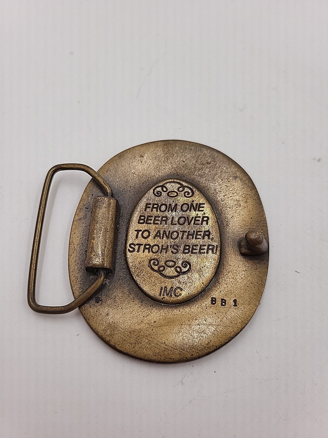 vintage 1970s belt buckle STROHS beer SOLID BRASS detroit WESTERN bohemian