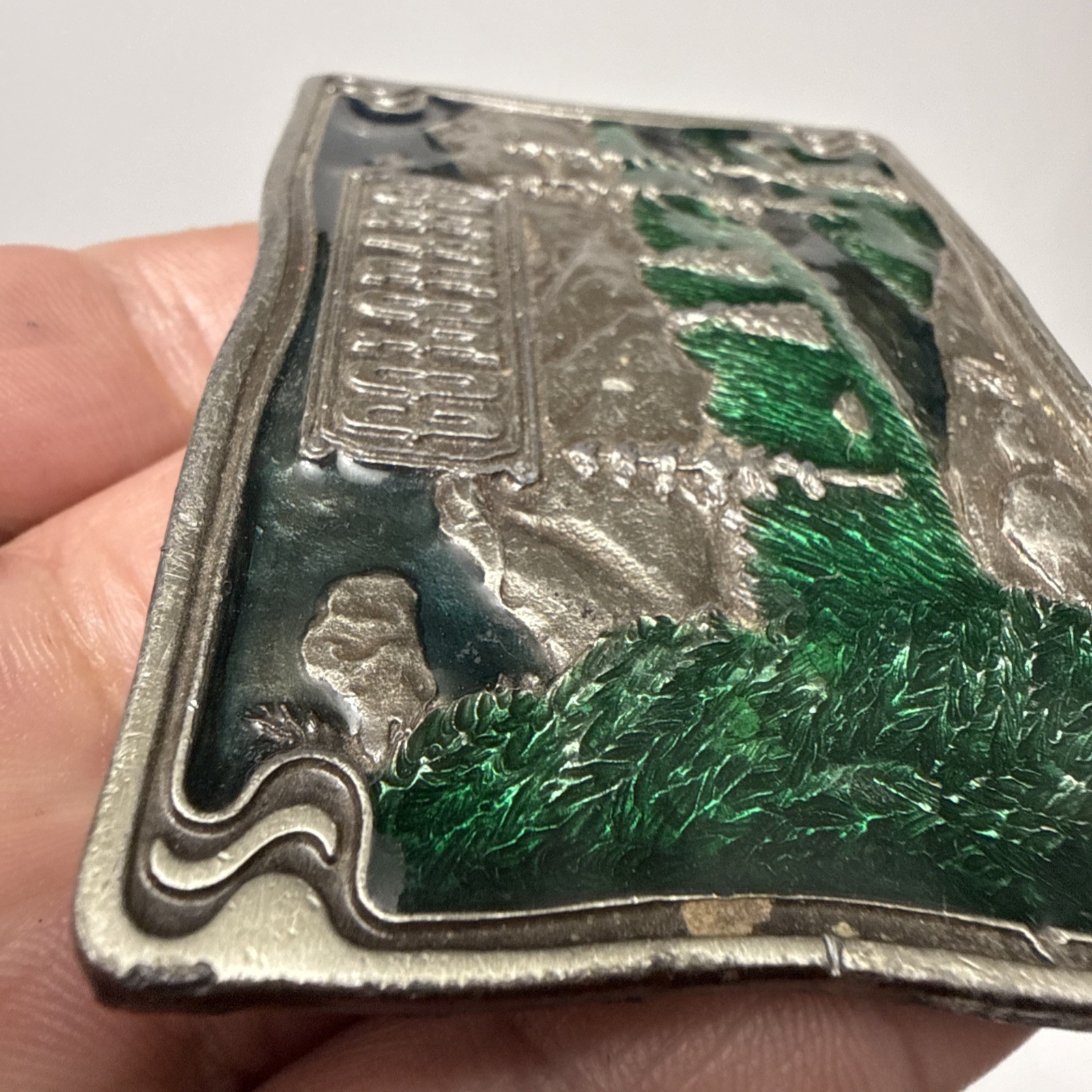VTG 1976  » COLORADO  » BERGAMOT Brass Works Enamel DIX Leather BELT BUCKLE – NICE