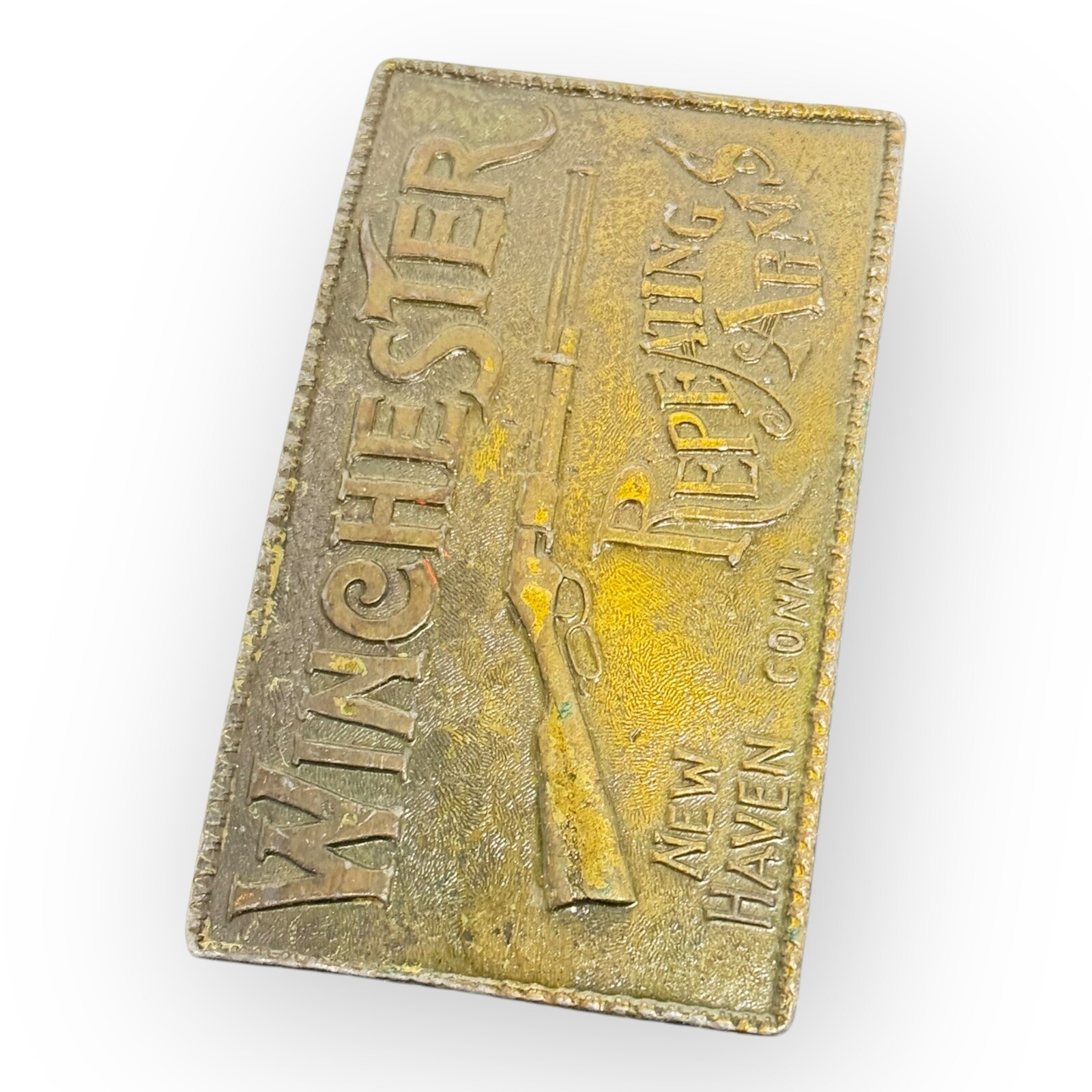 Winchester Repeating Arms New Haven Conn. Rifle Guns Vintage Brass Belt Buckle