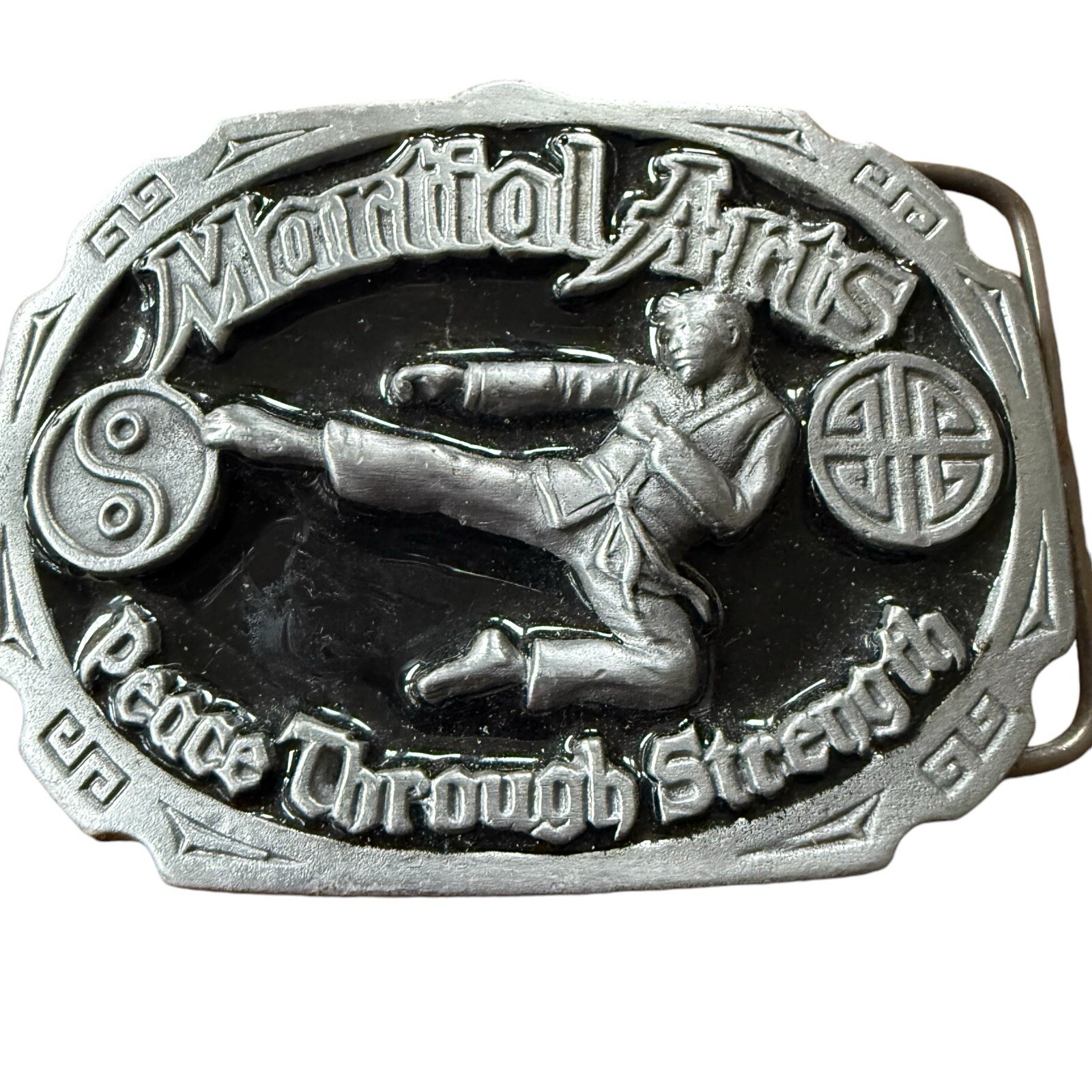 Vintage Martial Arts Belt Buckle Made In USA Peace Through Strength Kung