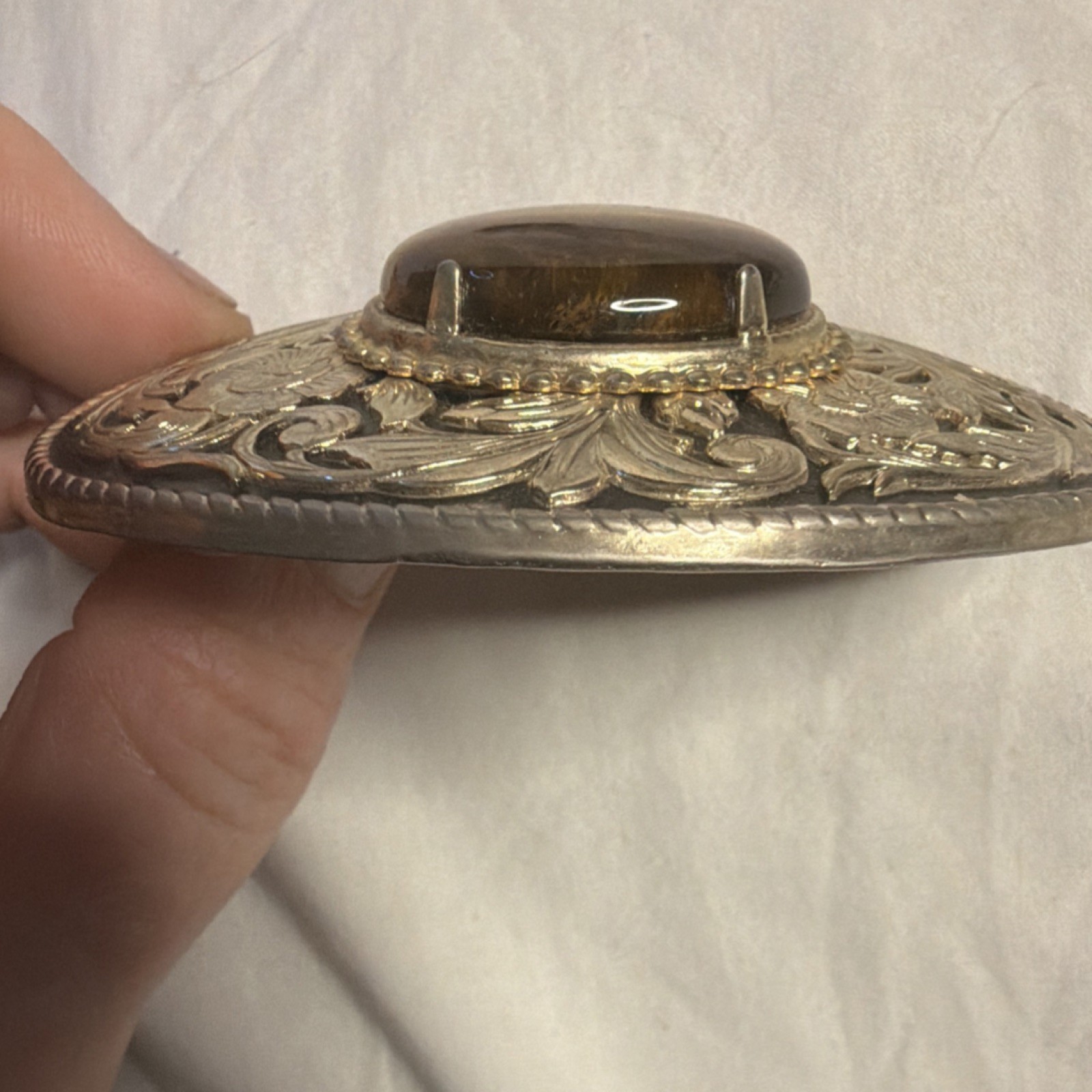 Silver Brown Western Oval Belt Buckle for Men Floral Stone Metal Rodeo Accent