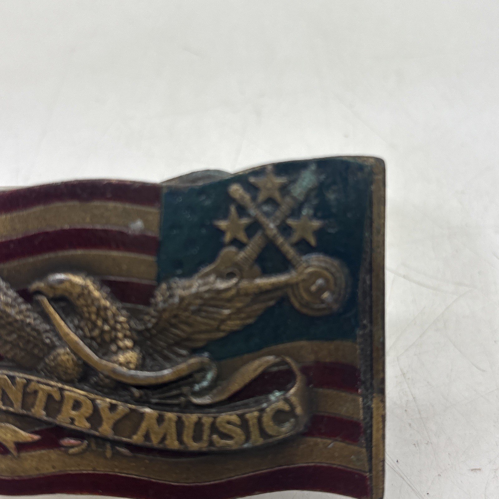 Vintage 1977 Belt Buckle Country Music Flag Eagle USA 3×2” Indiana Metal Craft