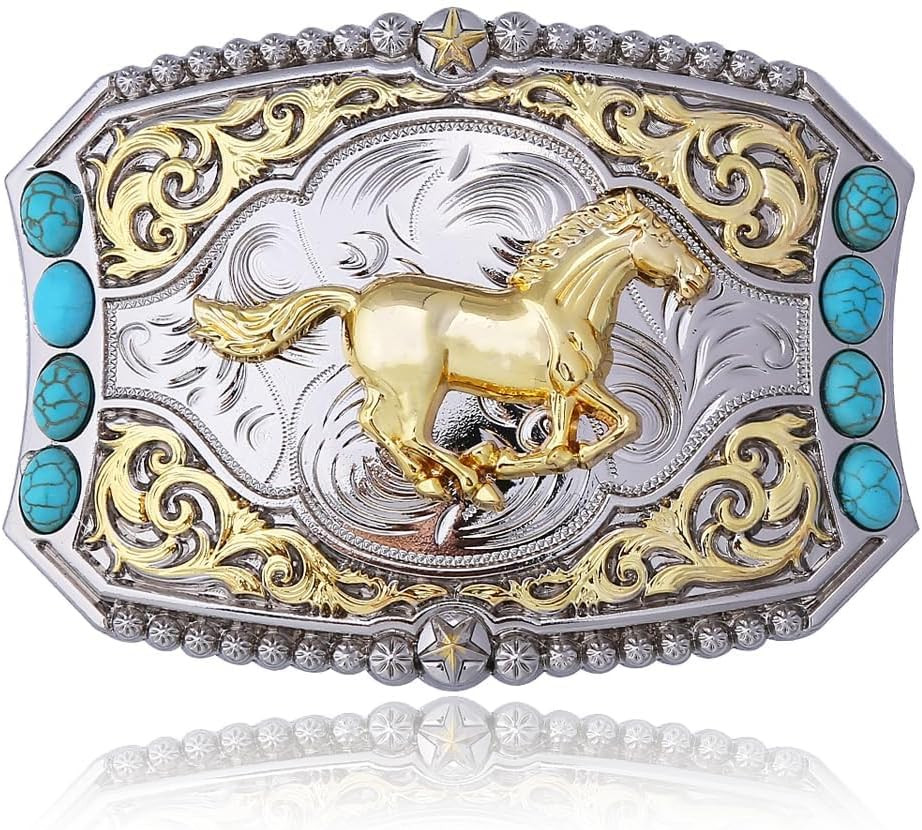 Cowboy Style Belt Buckle for Men Western Buckles with Horse and Turquoise Vin…