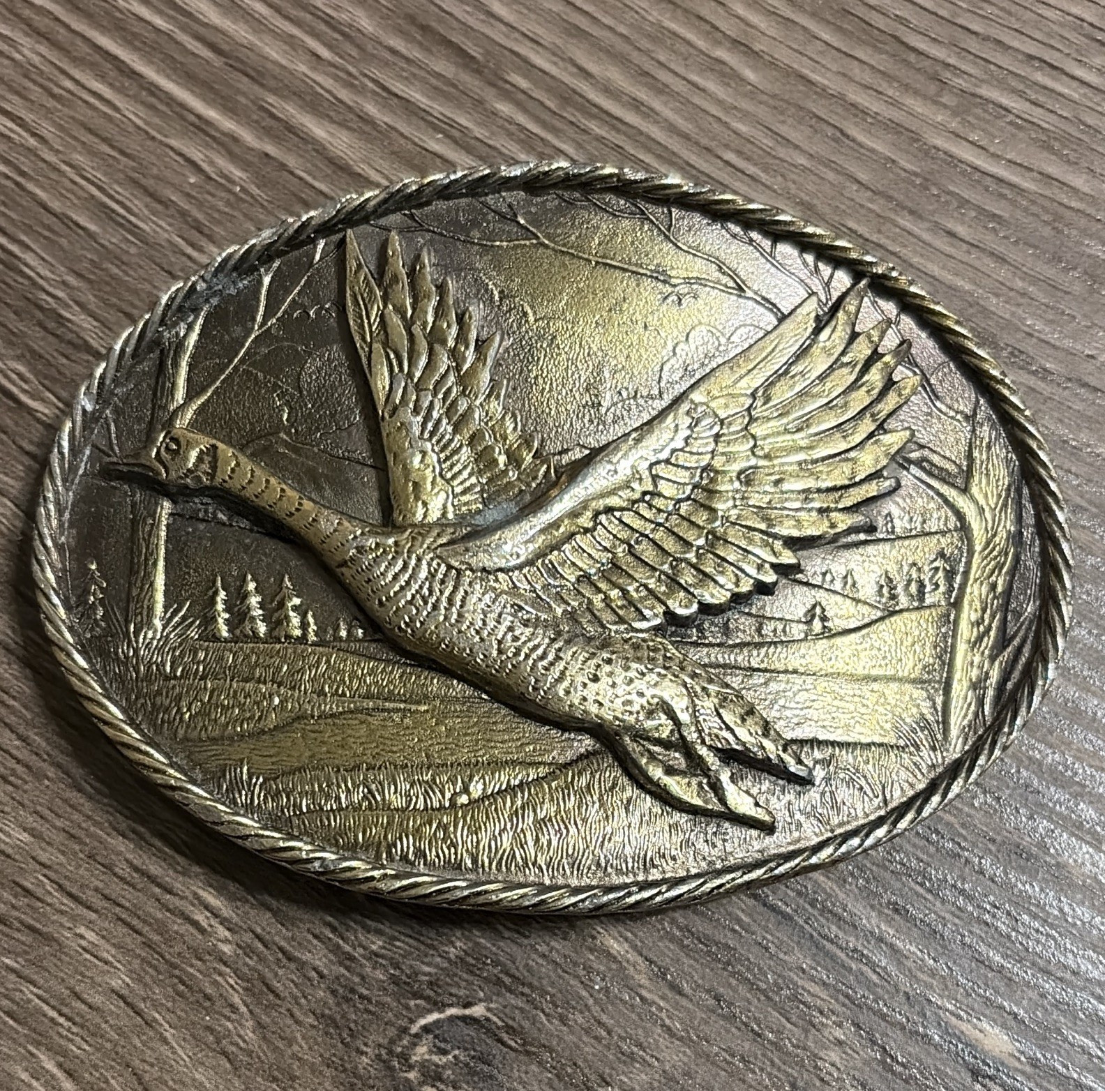Vintage Brass Great American Buckle Co Engraved Bird Scene Western Belt Buckle