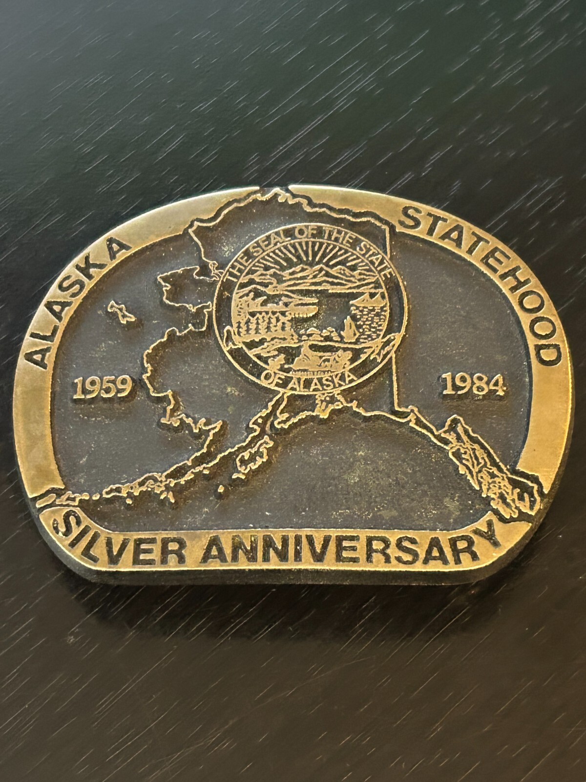 Vintage Collectible Alaska Statehood Solid Bronze Rainbow Metals Belt Buckle