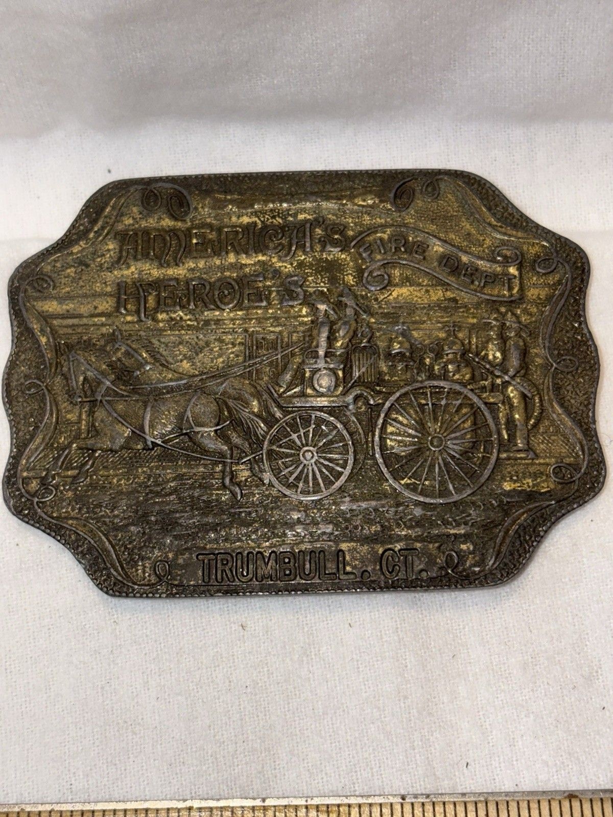 VTG Trumbull Ct. America&rsquo;s Heroes Fire Department Brass Belt Buckle Turtle