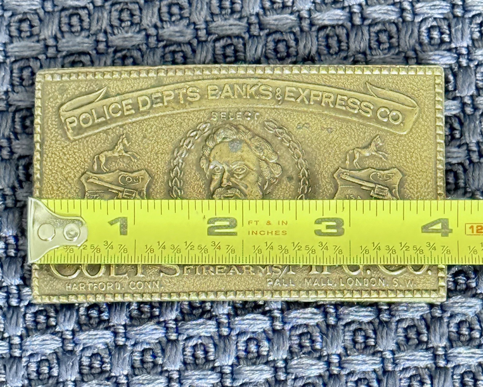 Vintage Colt Firearms Brass Tone Belt Buckle Police Banks Express 6.0 Oz.