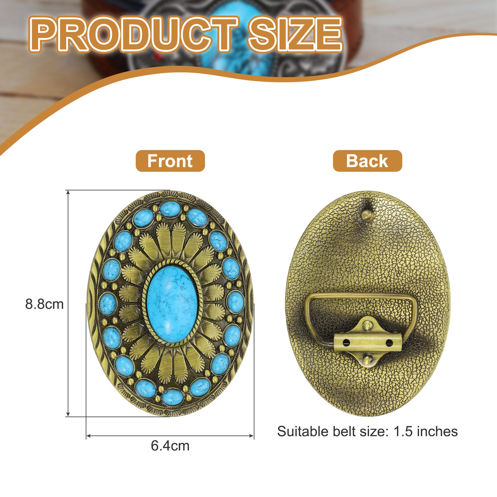 Western Belt Buckle for Men, Big Turquoise Belt Buckle for Cowboy, Bronze 1 Pcs