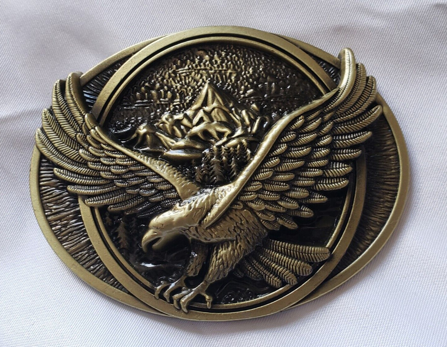 Bald Eagle Soaring 3D Image Aluminum Belt Buckle Golden Aged Bronze Color