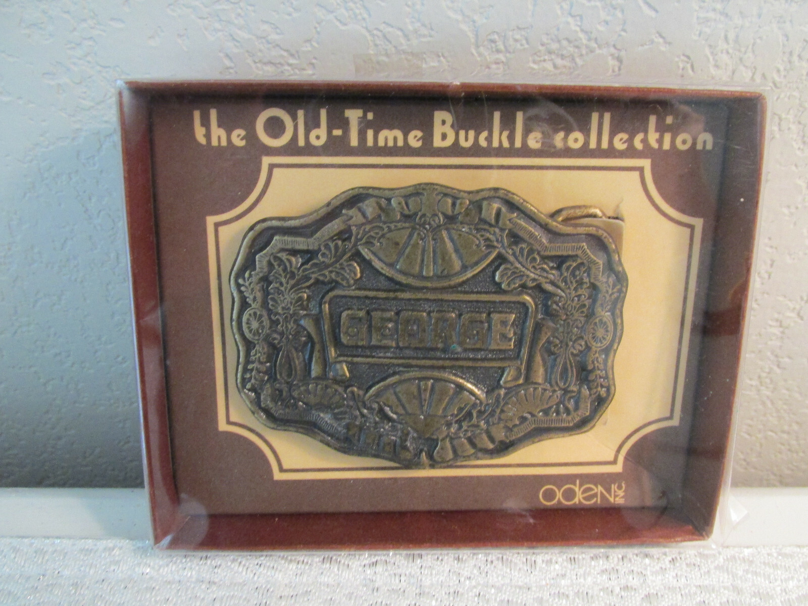 BRASS BELT BUCKLE « GEORGE » ORIGINAL BOX ODEN TIME EMBOSSED BIRTHDAY NAME
