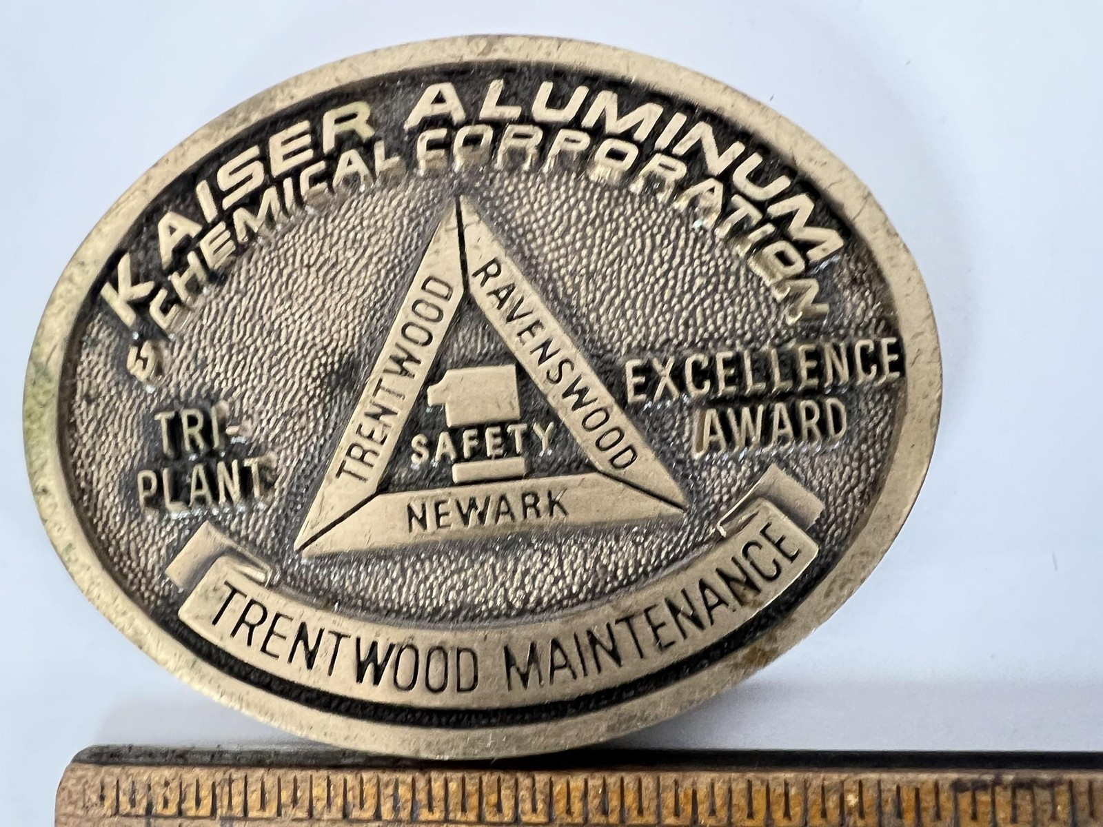 Vintage Kaiser Aluminum Belt Buckle Mens Gold Tri Plant Excellence Logo Safety
