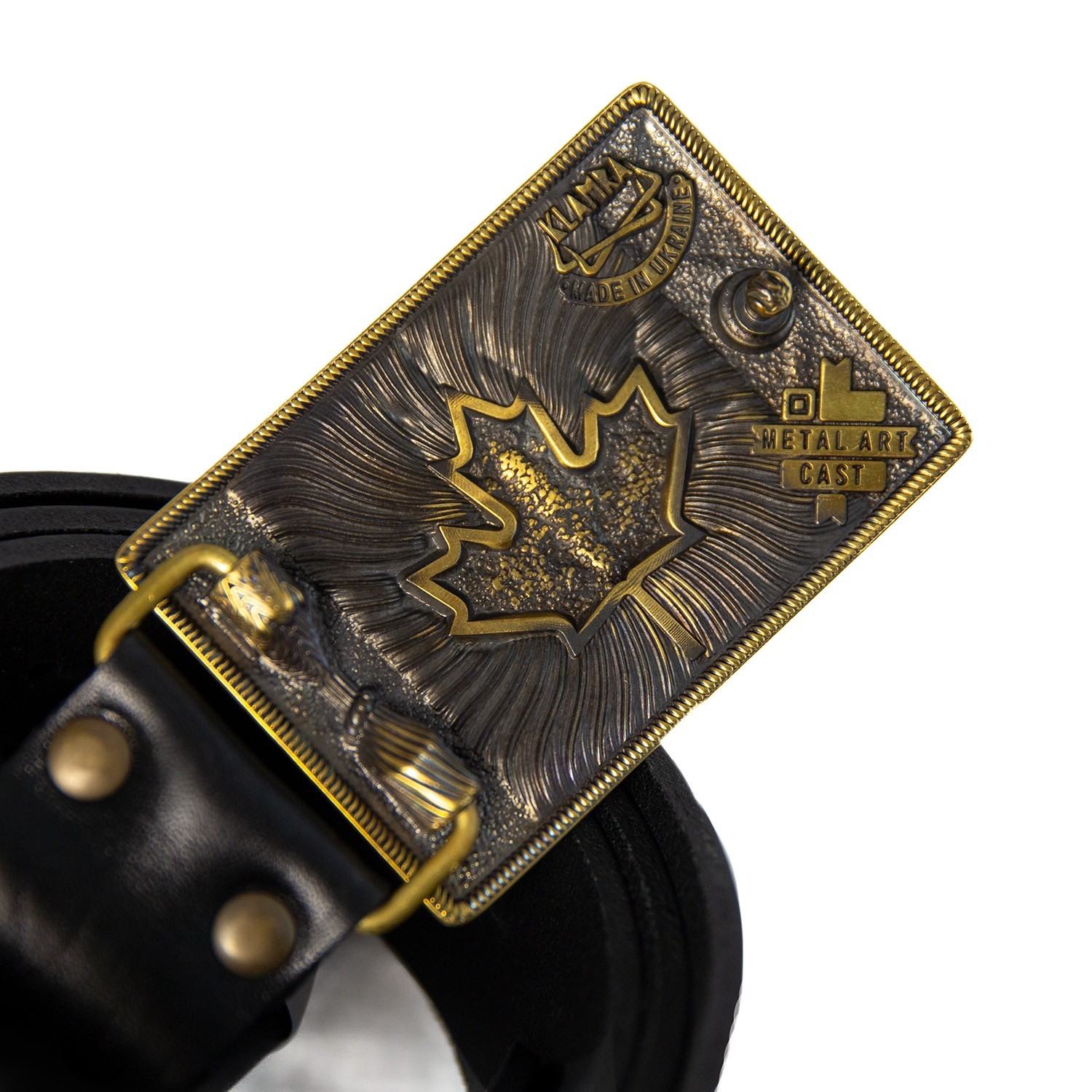 Brass belt buckle Maple leaf, Handmade Ukrainian trident and Canadian Maple leaf