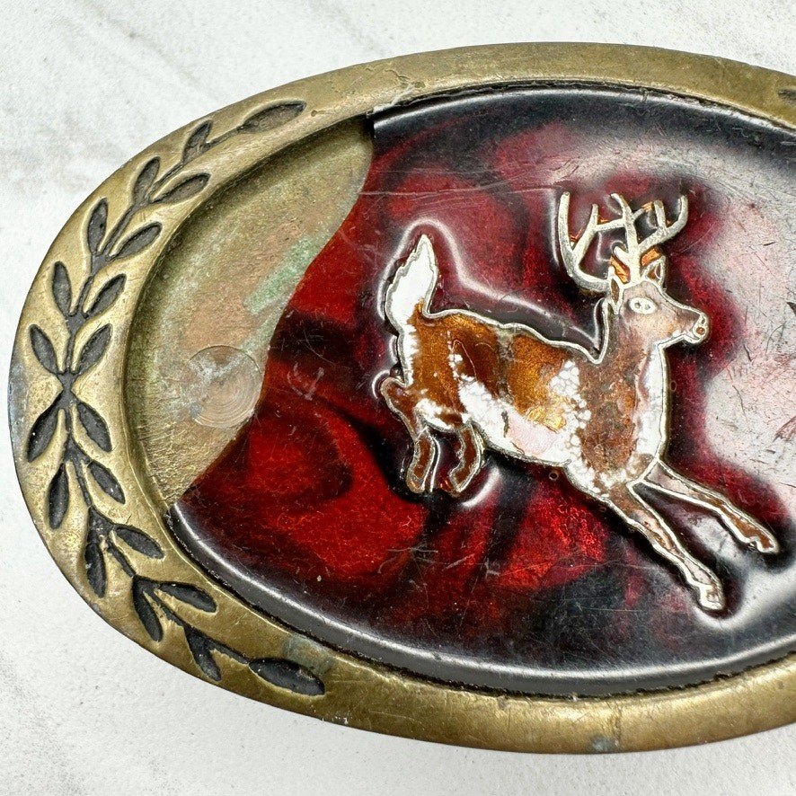 Vintage Aminco 1980 Solid Brass Deer Belt Buckle Red Black Enamel Oval Laurel