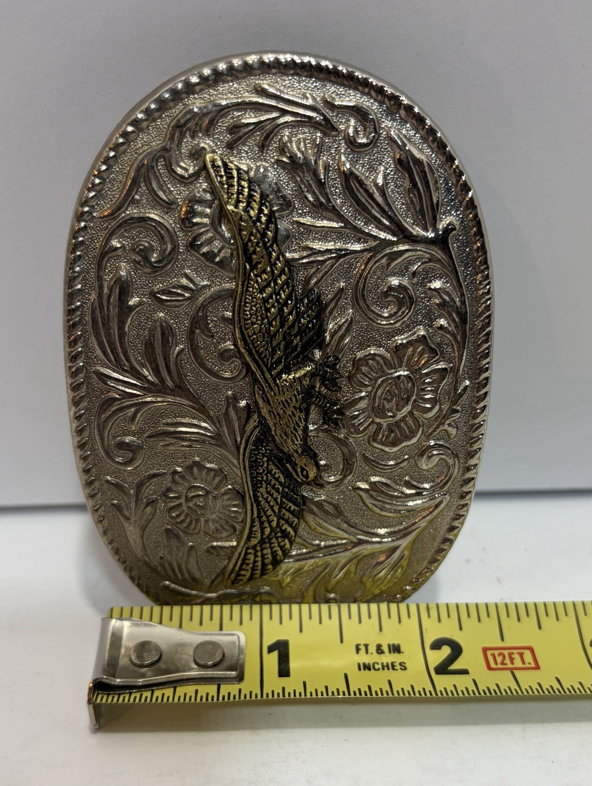 Vintage Western Eagle Belt Buckle 3D Silver Gold Tone Two Tone Floral 3.5&Prime; HK