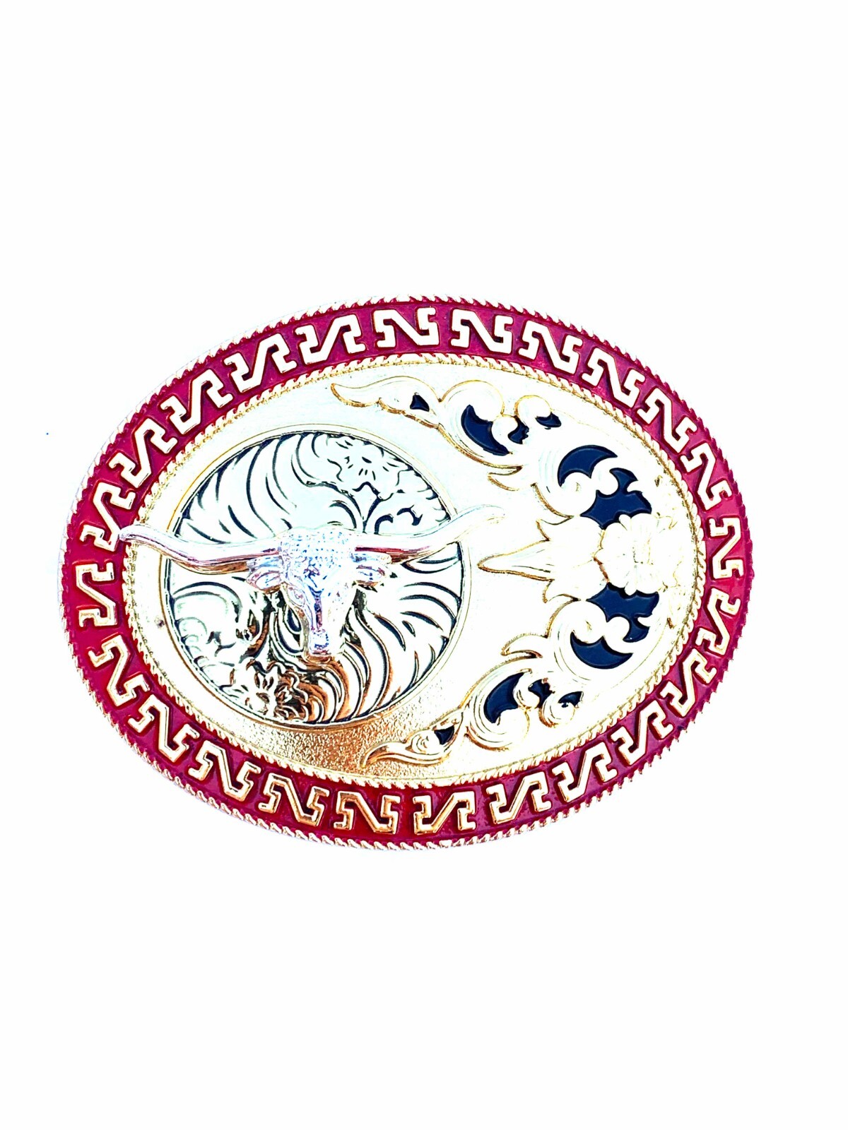 Western Buckle Gold Silver Black Red Longhorn Cowboy Oval 2 » Rodeo Buckle
