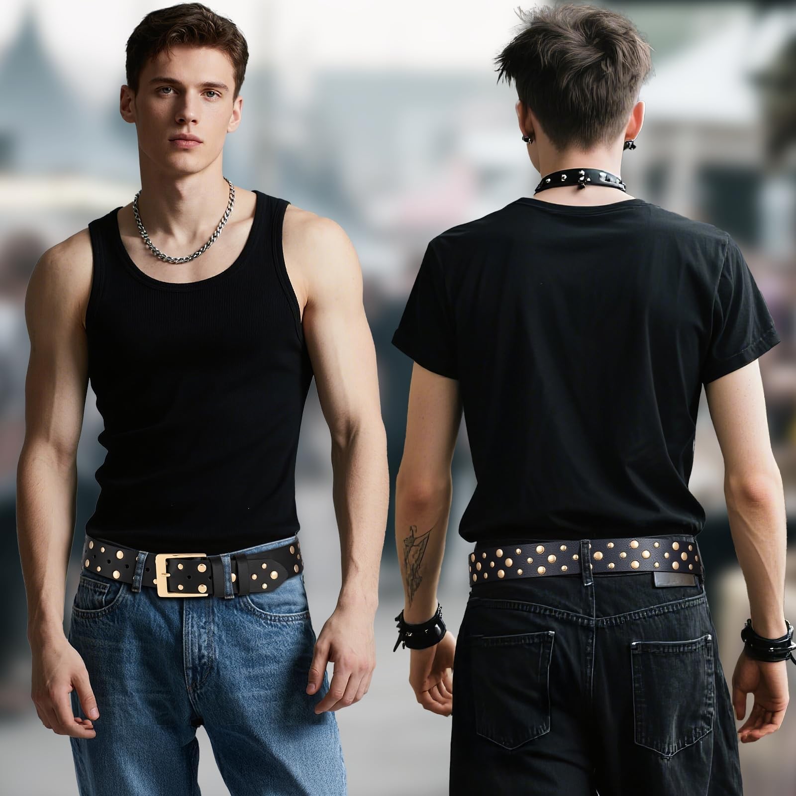 BELTROAD Stylish Studded Belt for Men S Waist 27&Prime;-32&Prime;, Gold Buckle -Black