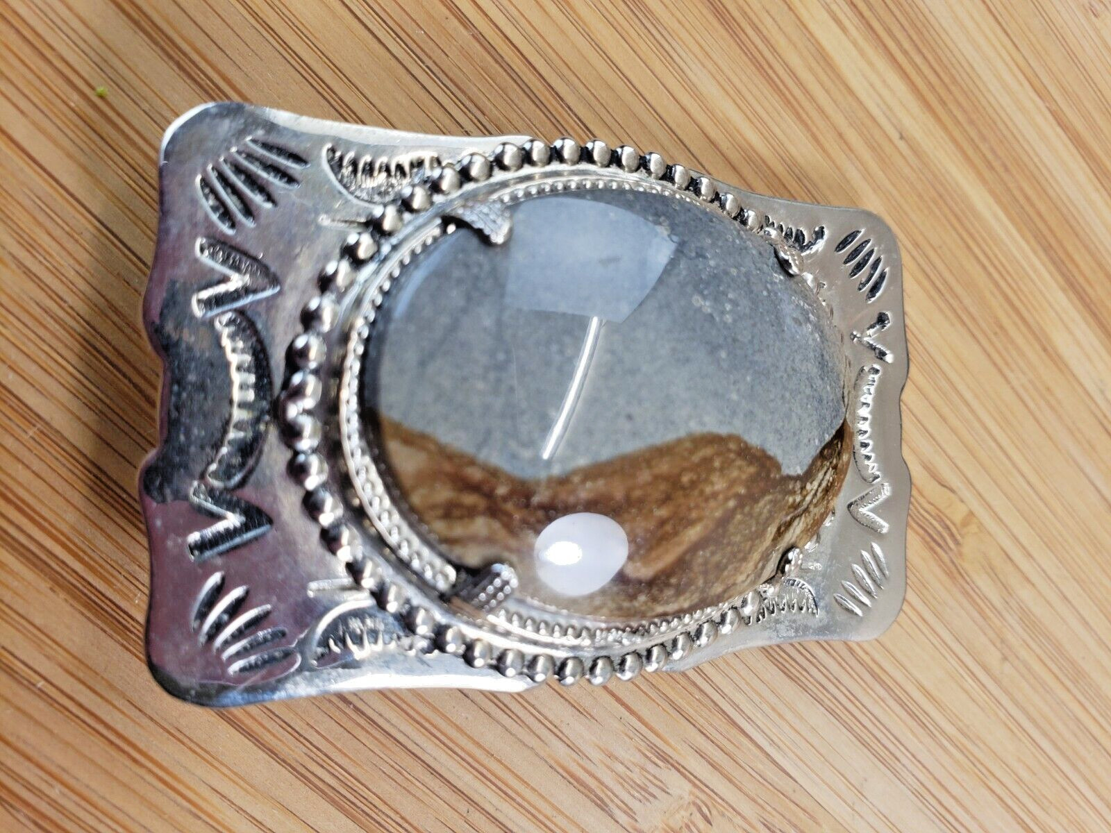 Southwestern Silver Tone Etched Picture Jasper Belt Buckle