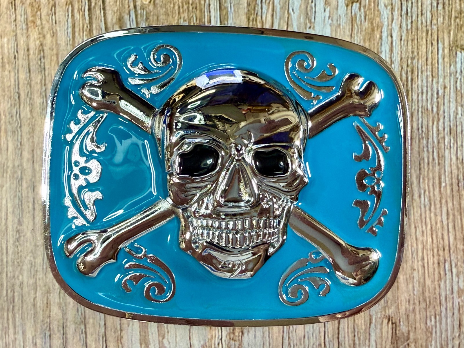 Jolly Roger Pirate Skull Head & Crossbones Blue Enamel Colored New Belt Buckle