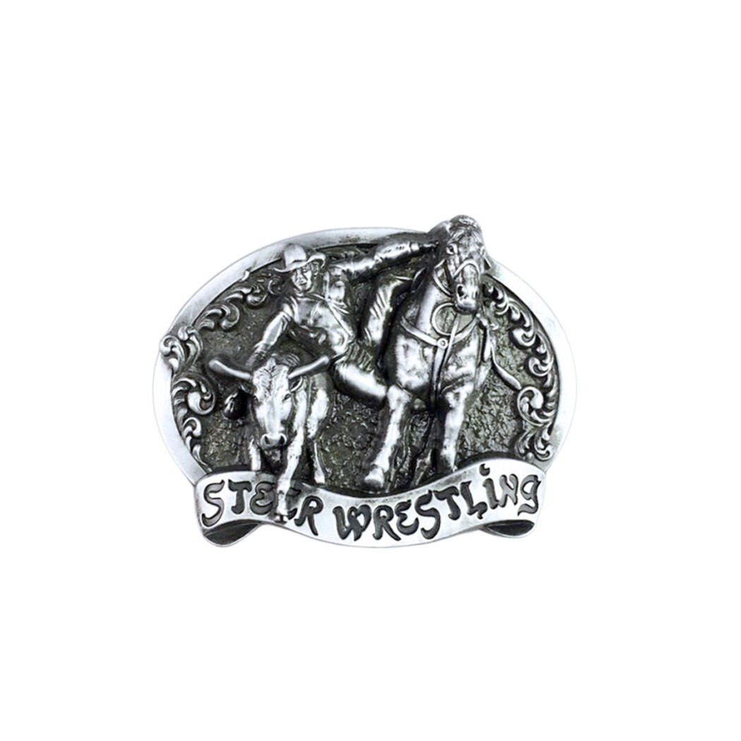 Antique Silver Rodeo Steer Wrestling Western Belt Buckle Boucle de Ceinture