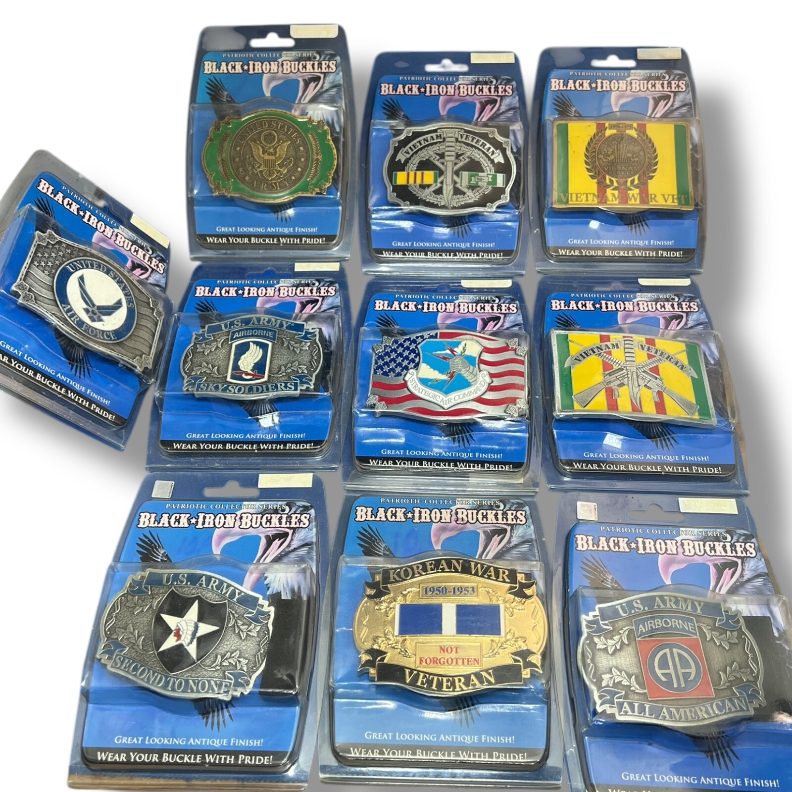 Lot of 10 Black Iron Buckles Patriotic Collector Series Military Army Veteran US