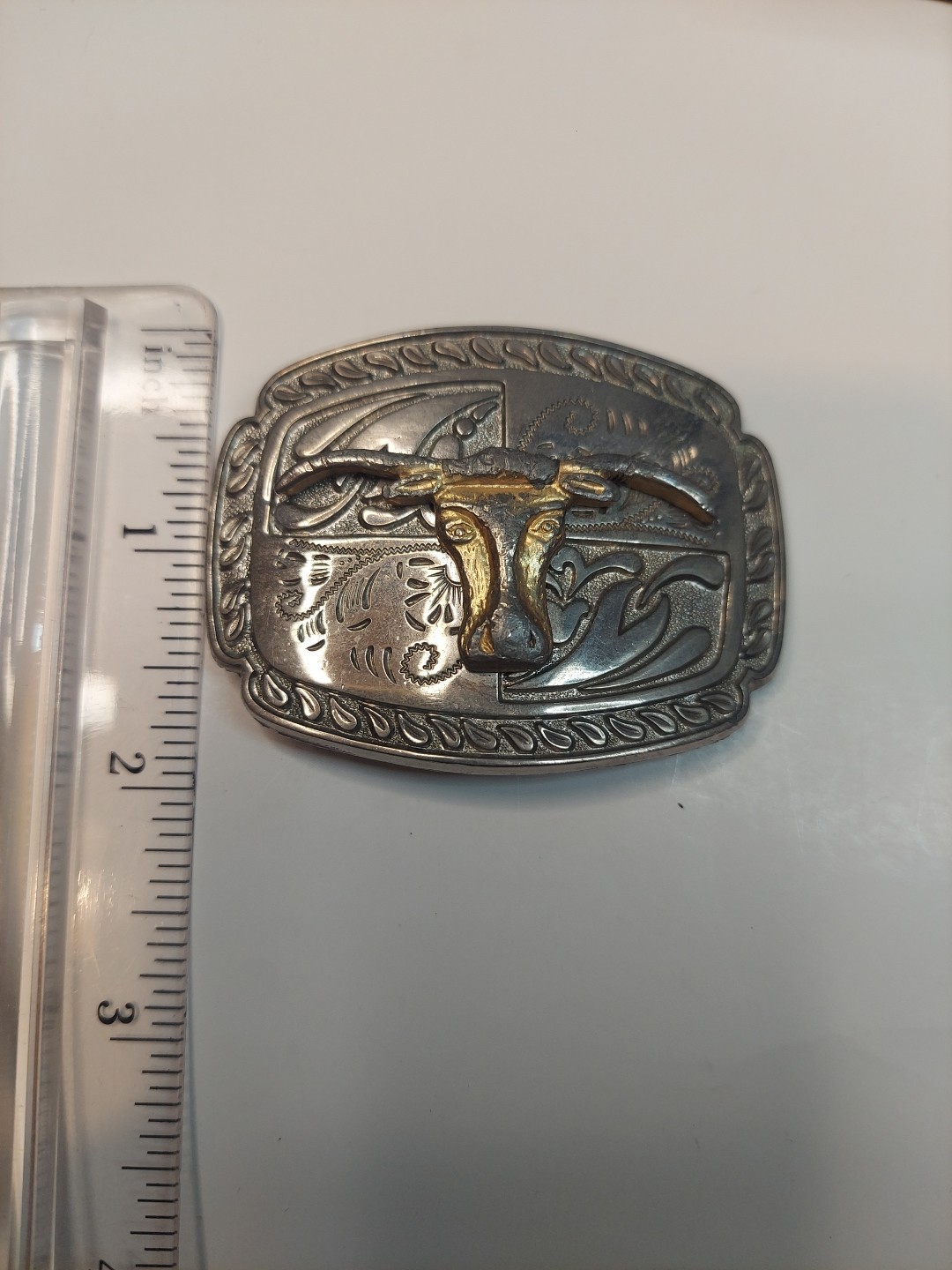 Western Longhorn Belt Buckle Floral Engravings Bull Head Rope Border