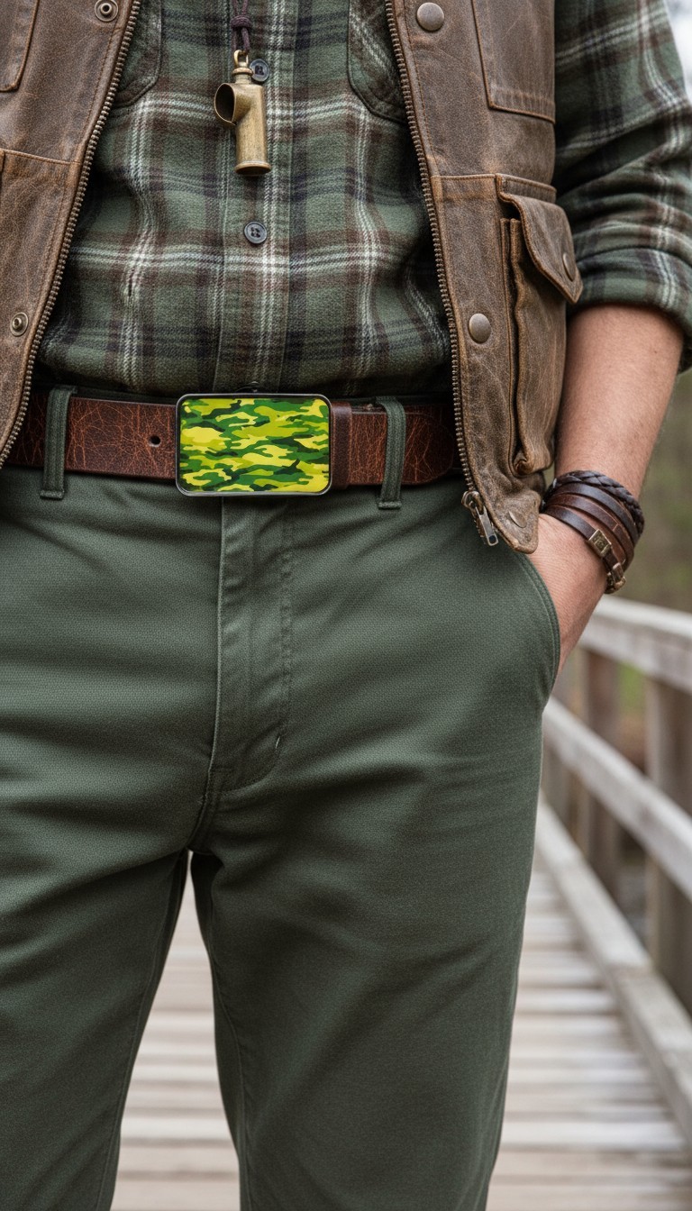 Men Black Metal Fashion Belt Buckle Army Green Camouflage Unique Print War Style